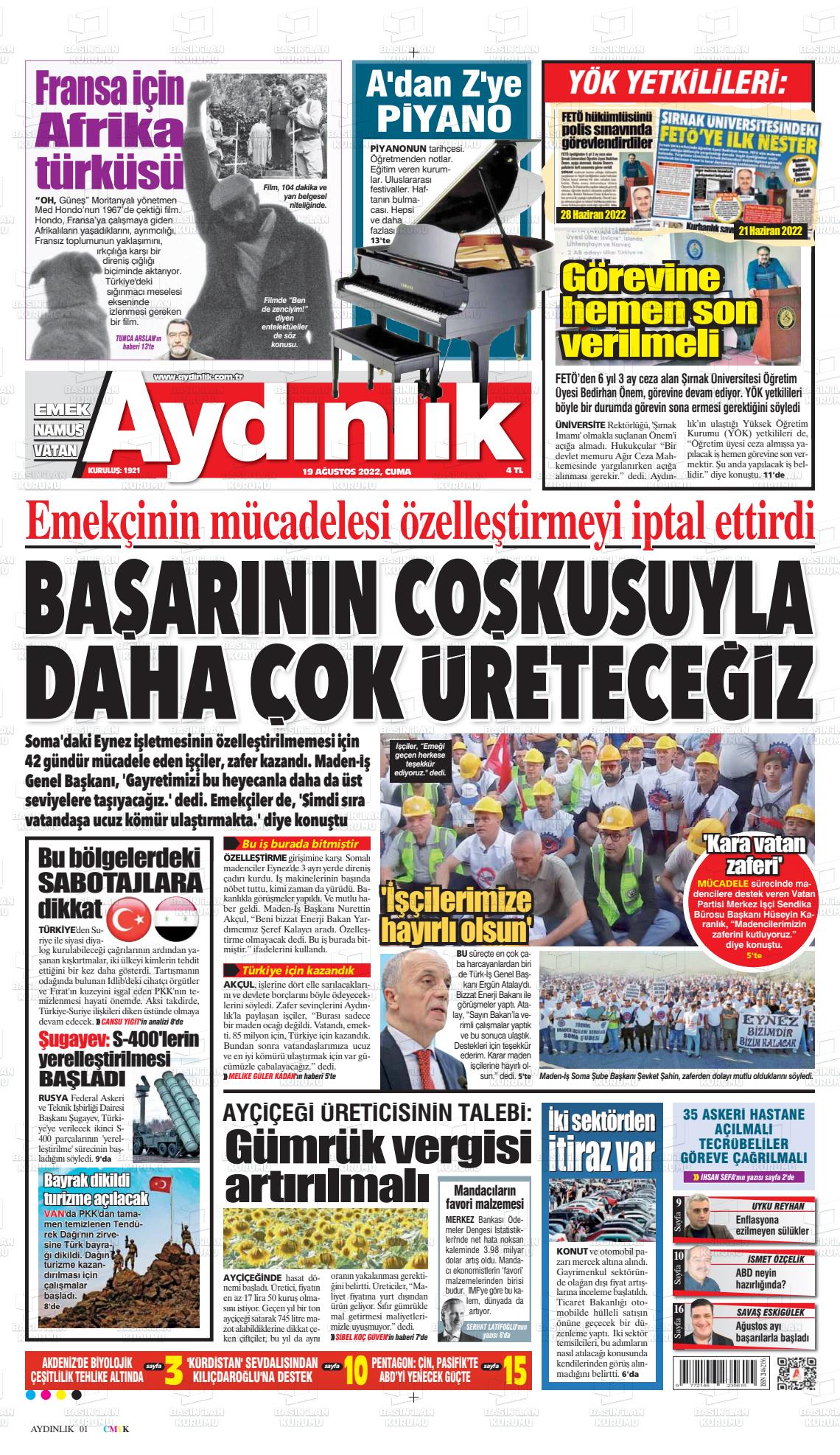 19 Ağustos 2022 Aydınlık Gazete Manşeti