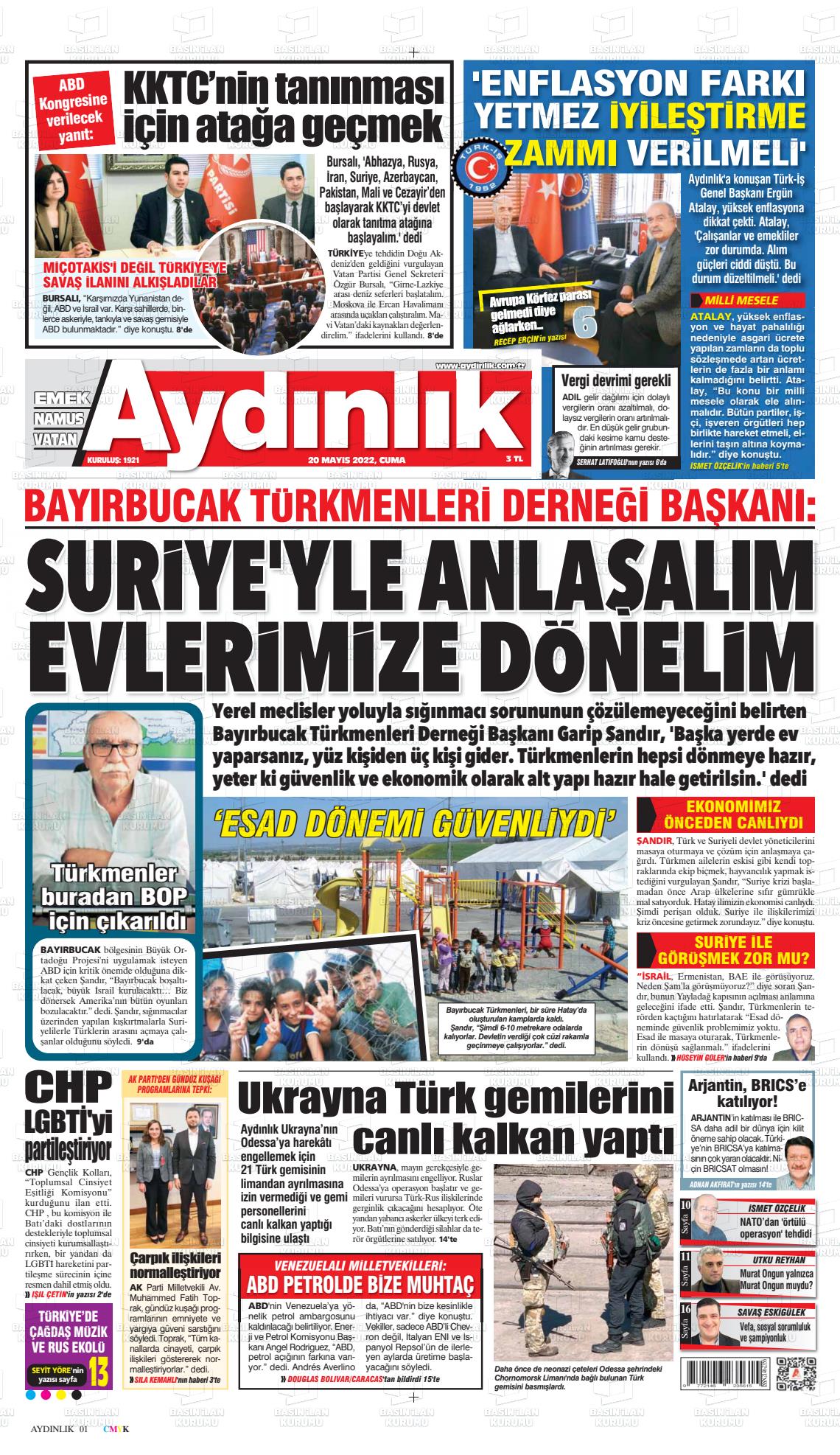 20 Mayıs 2022 Aydınlık Gazete Manşeti