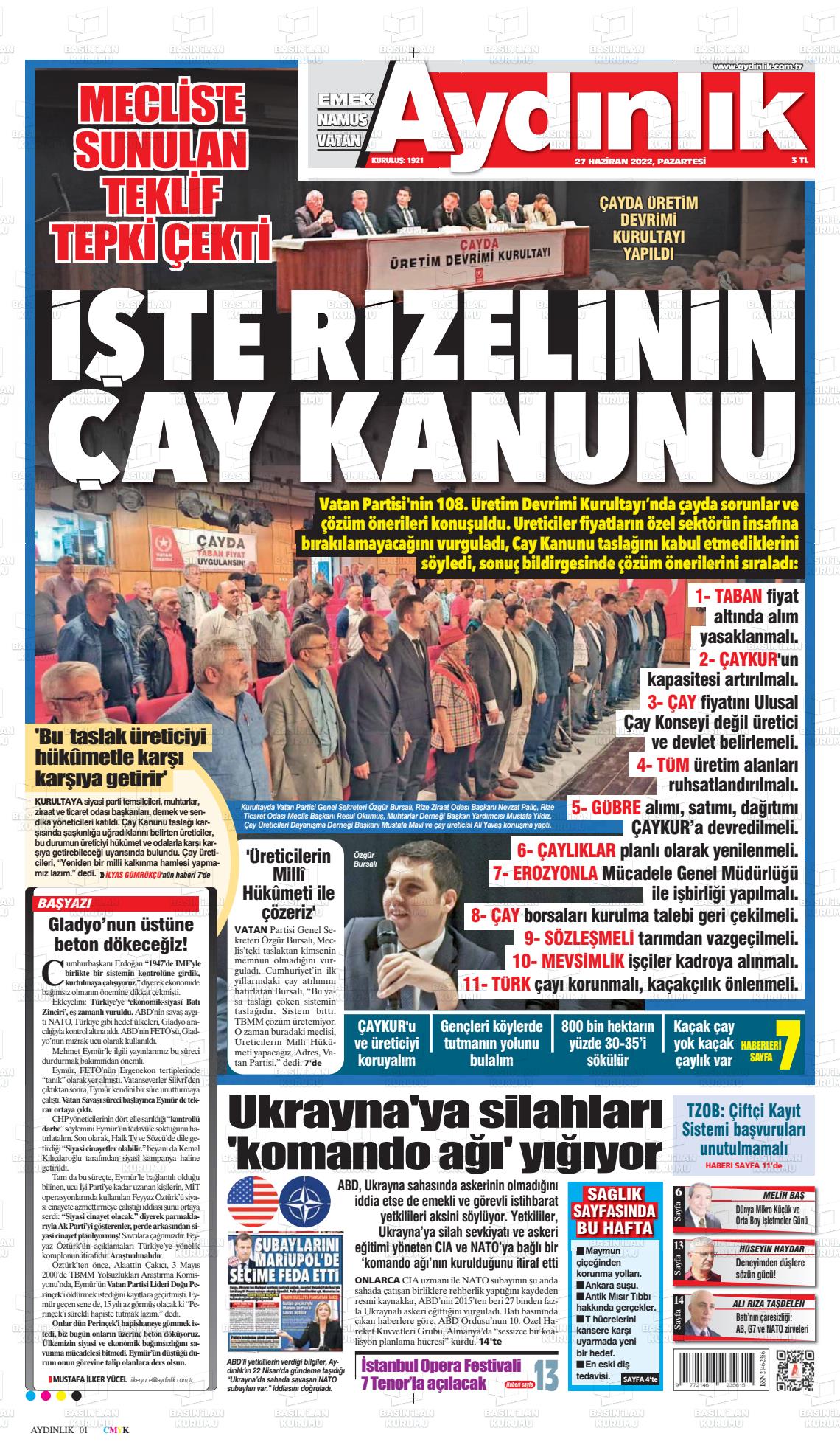 27 Haziran 2022 Aydınlık Gazete Manşeti