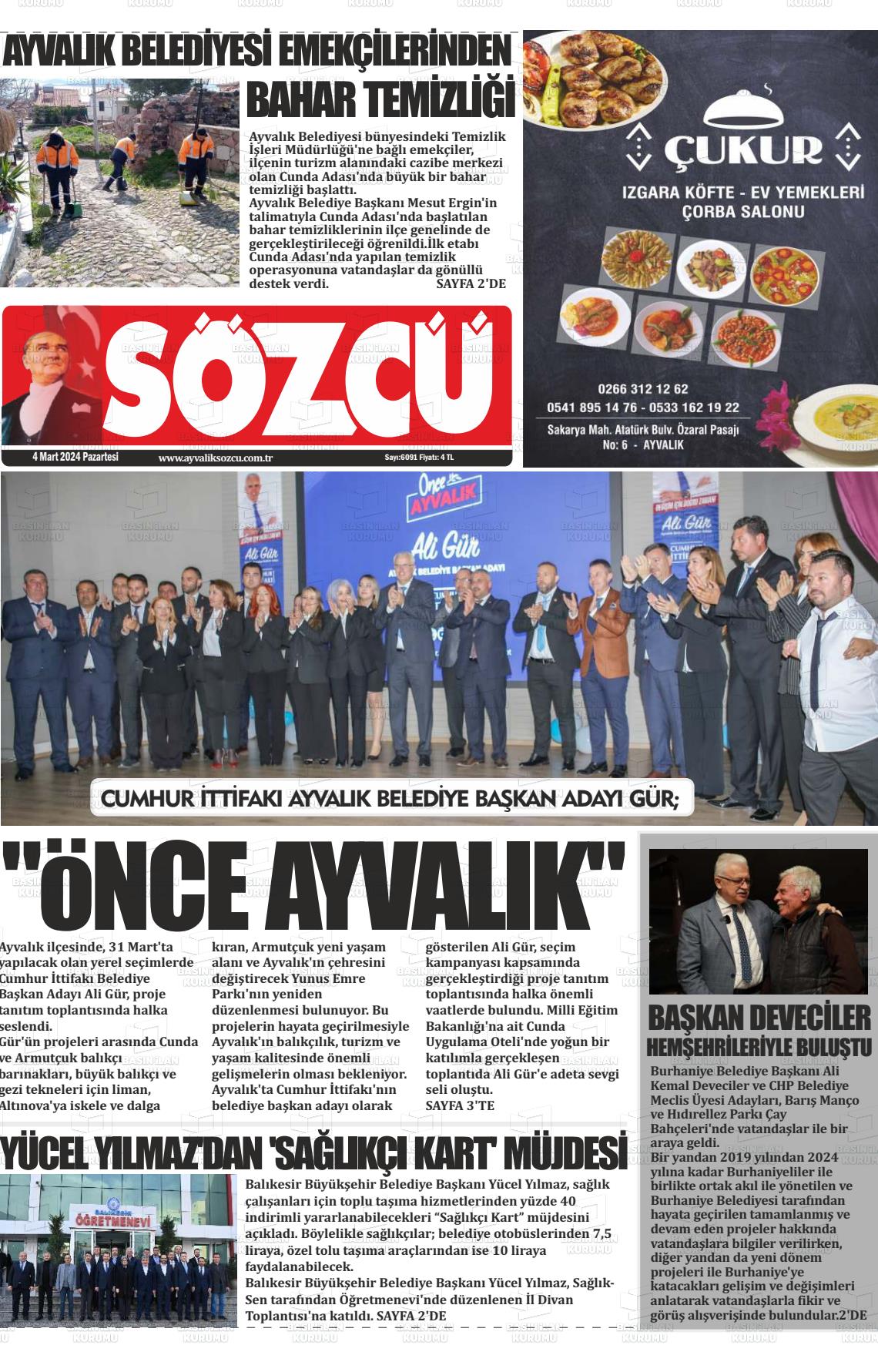 04 Mart 2024 Ayvalık Sözcü Gazete Manşeti