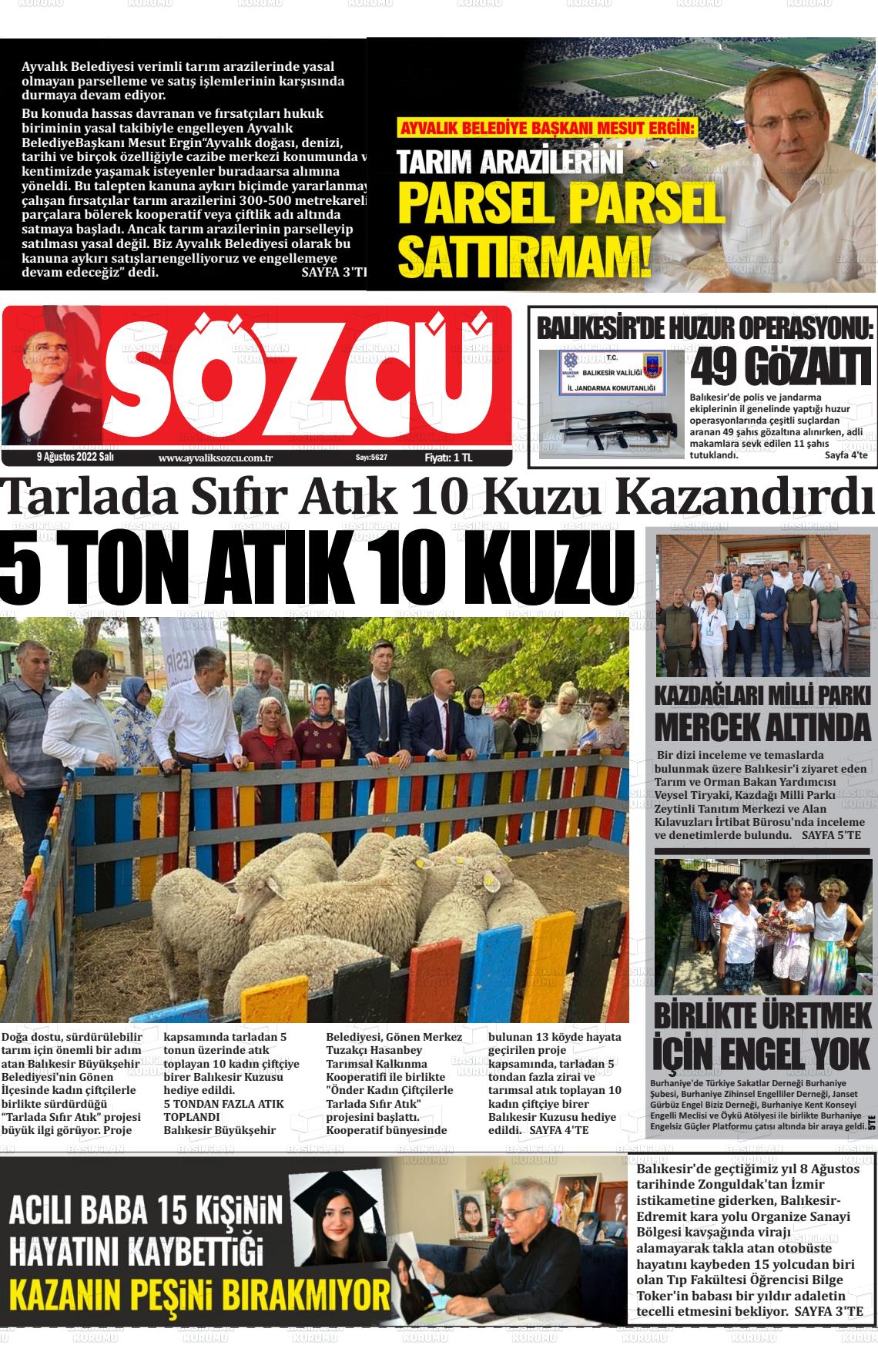 09 Ağustos 2022 Ayvalık Sözcü Gazete Manşeti
