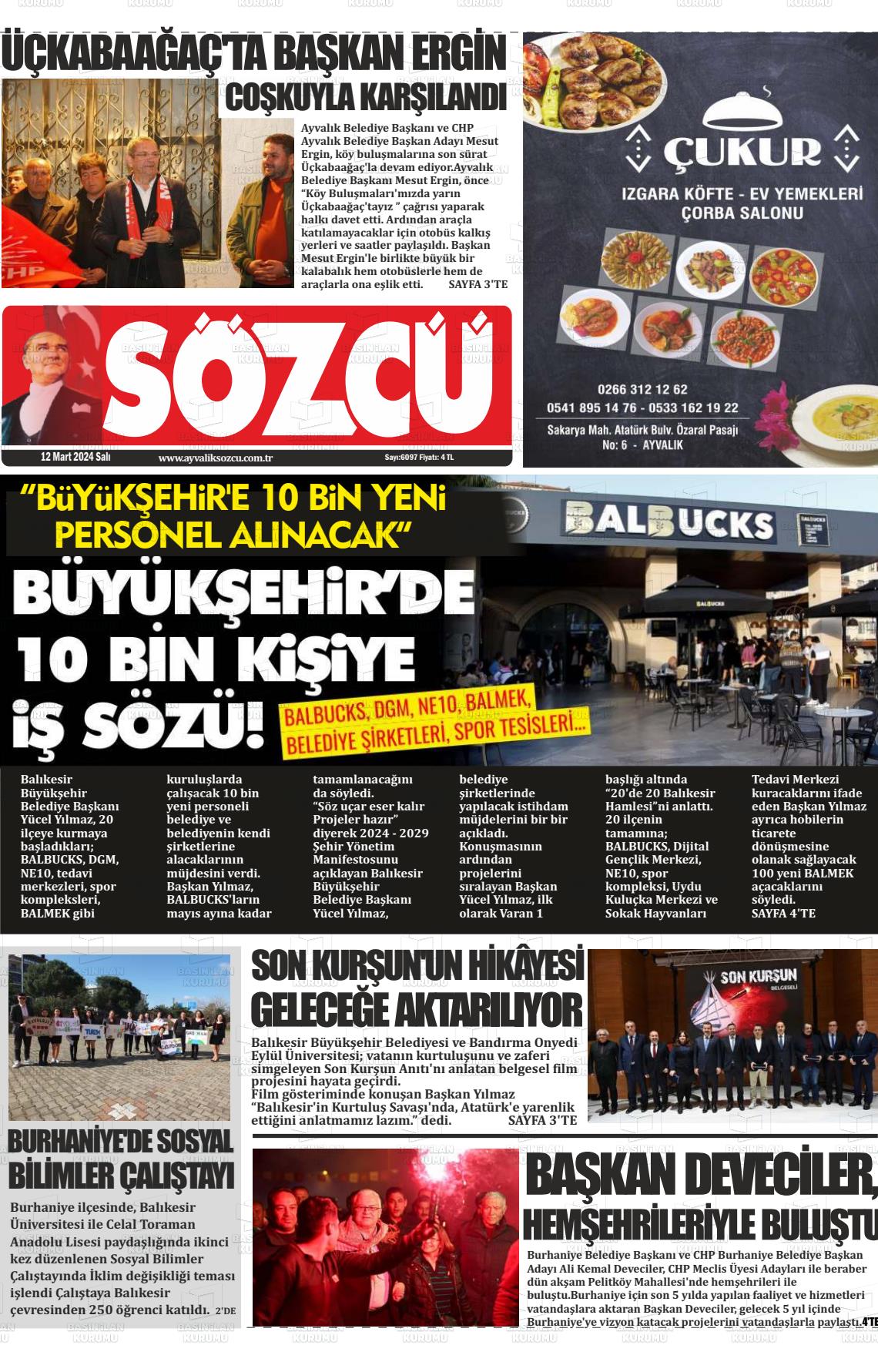 12 Mart 2024 Ayvalık Sözcü Gazete Manşeti