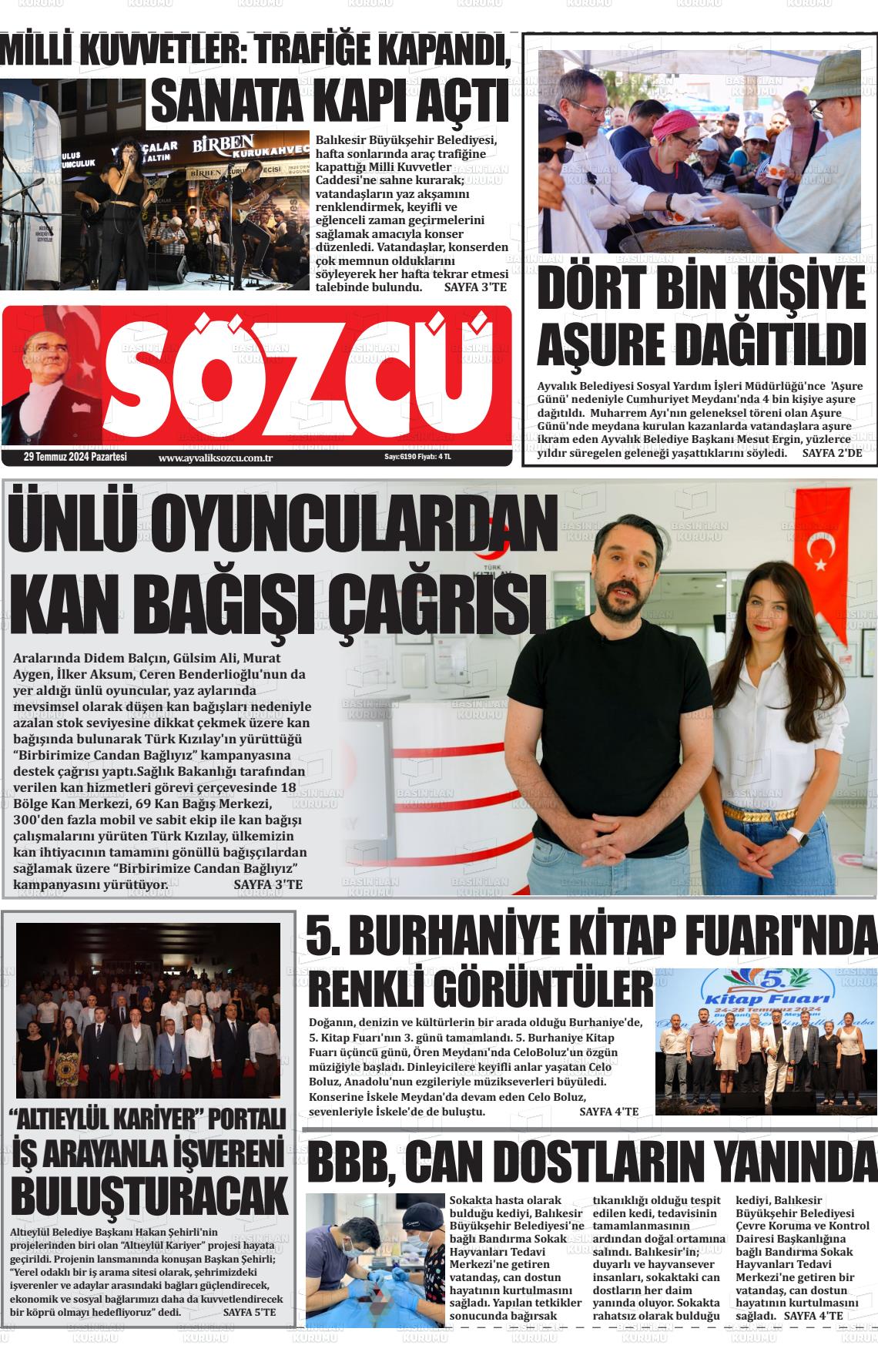 29 Temmuz 2024 Ayvalık Sözcü Gazete Manşeti
