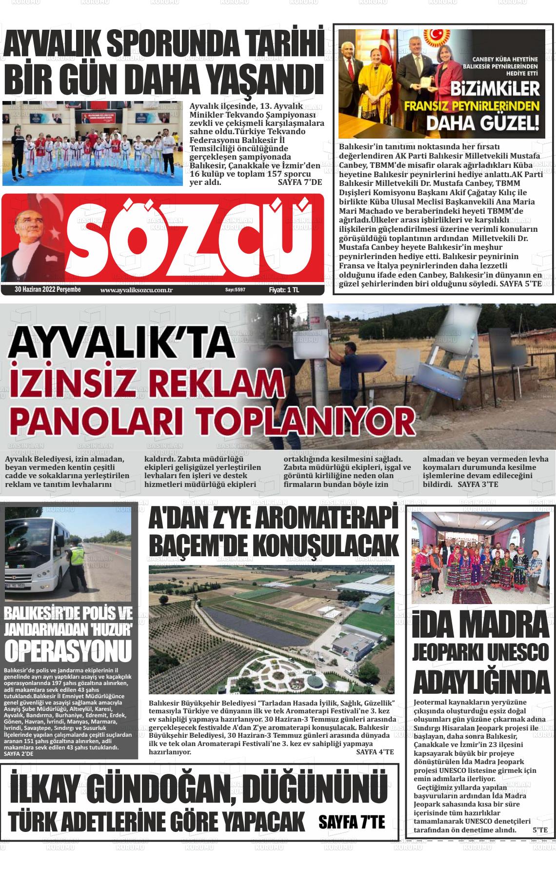 01 Temmuz 2022 Ayvalık Sözcü Gazete Manşeti