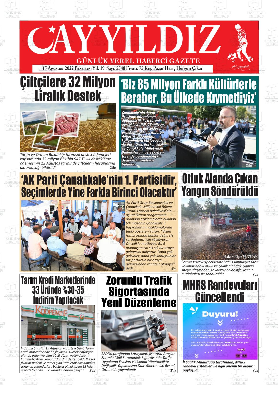 15 Ağustos 2022 Ayyıldız Gazete Manşeti