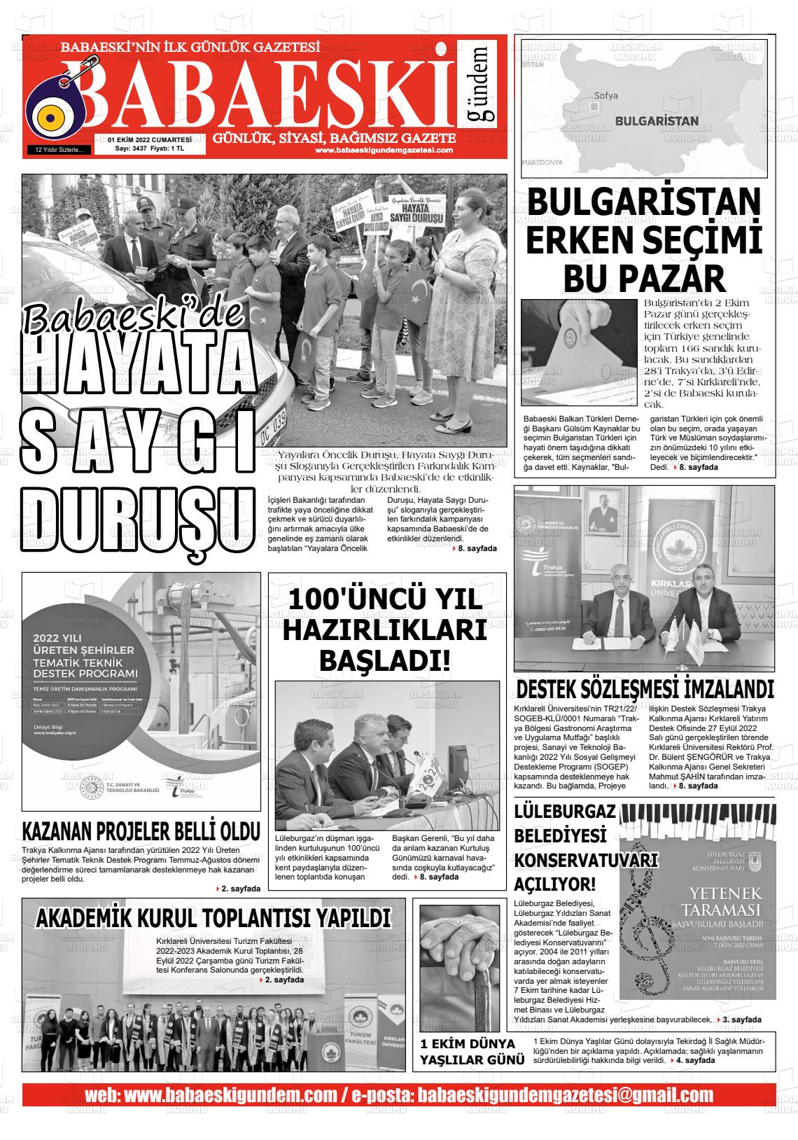 01 Ekim 2022 Babaeski Gündem Gazete Manşeti