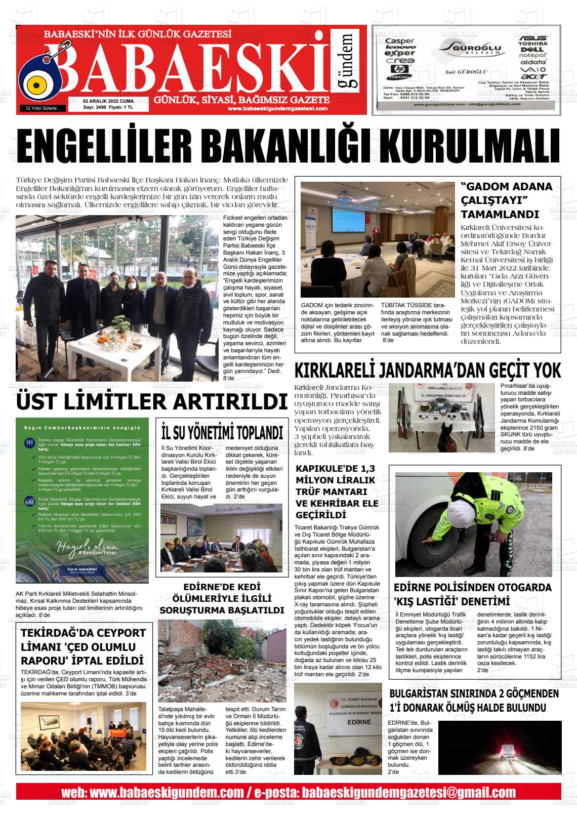 02 Aralık 2022 Babaeski Gündem Gazete Manşeti