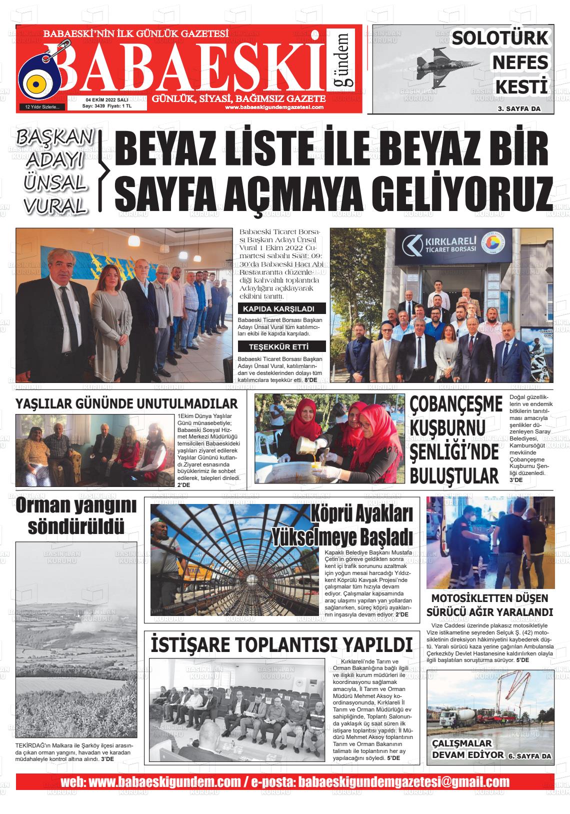 04 Ekim 2022 Babaeski Gündem Gazete Manşeti