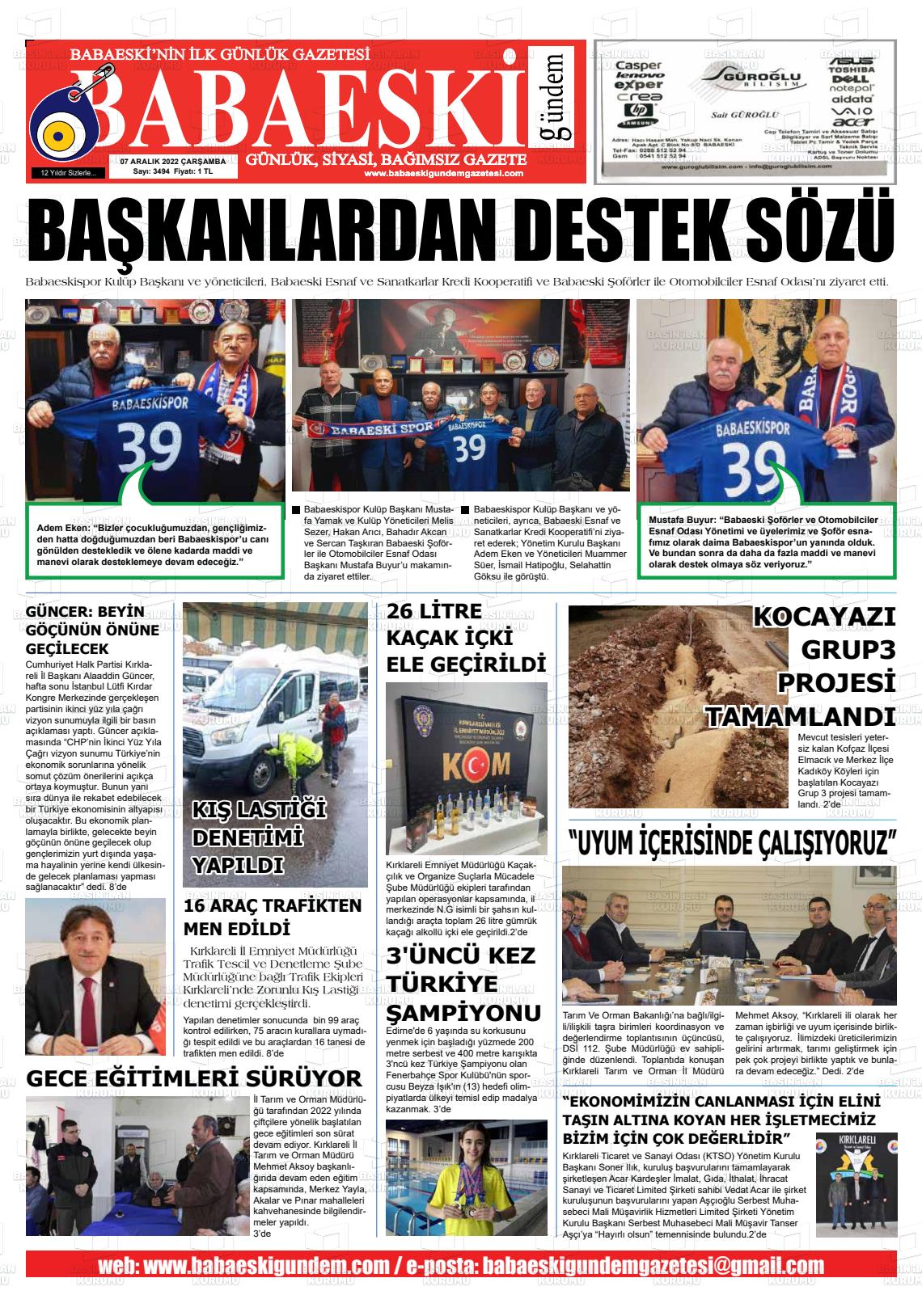 07 Aralık 2022 Babaeski Gündem Gazete Manşeti