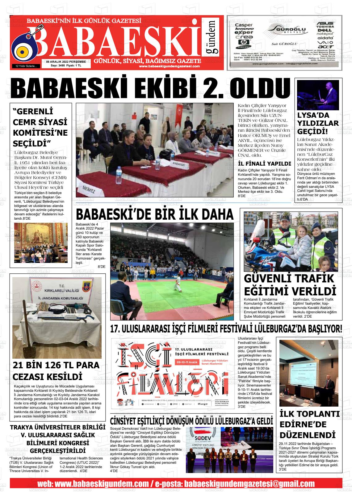 08 Aralık 2022 Babaeski Gündem Gazete Manşeti