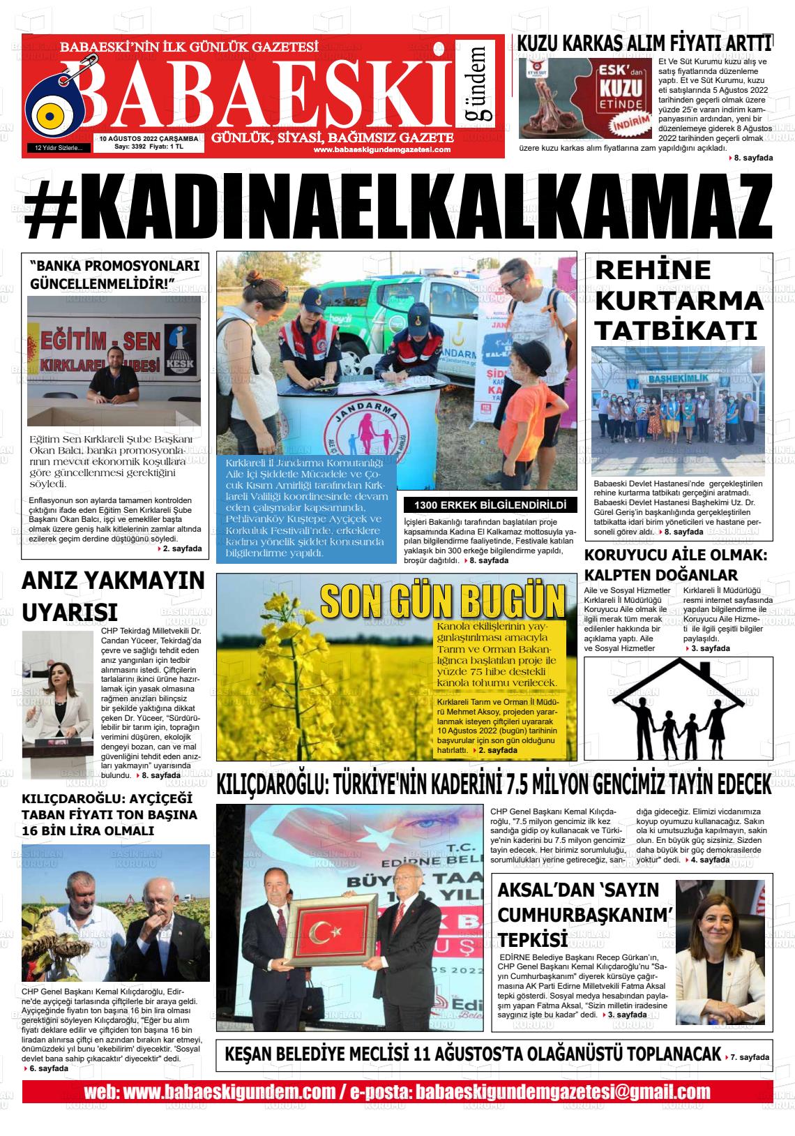 10 Ağustos 2022 Babaeski Gündem Gazete Manşeti