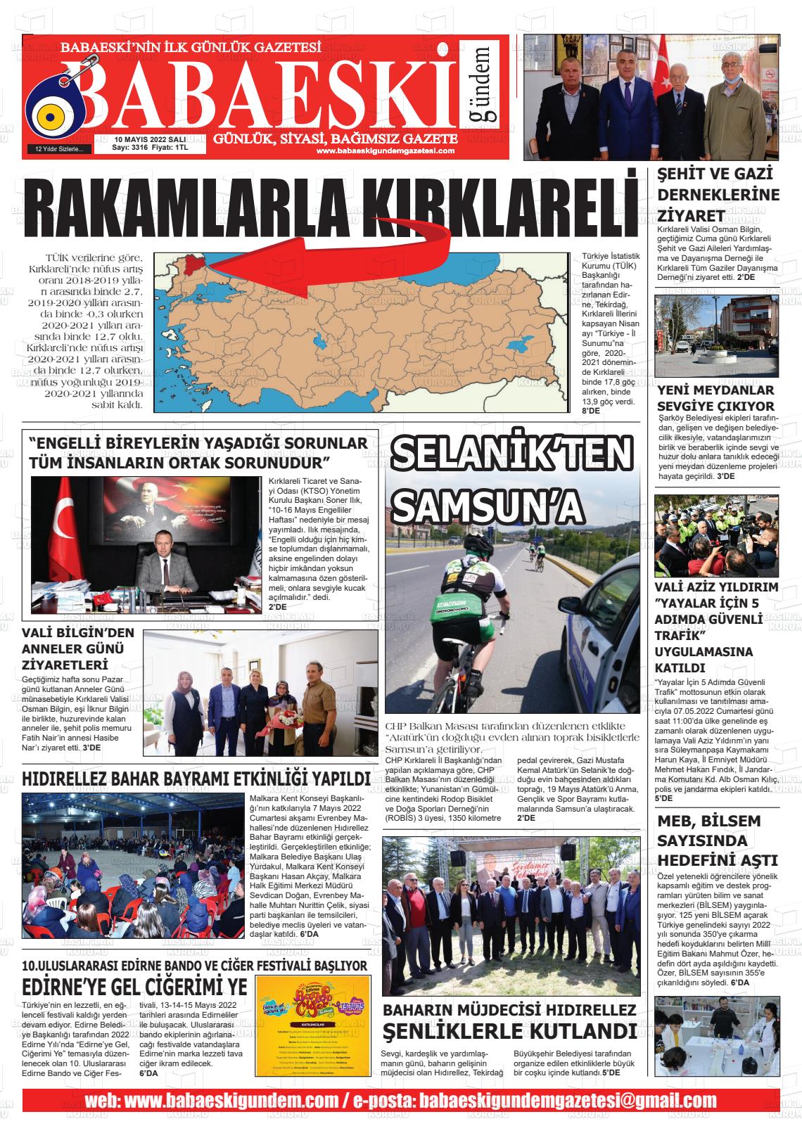10 Mayıs 2022 Babaeski Gündem Gazete Manşeti