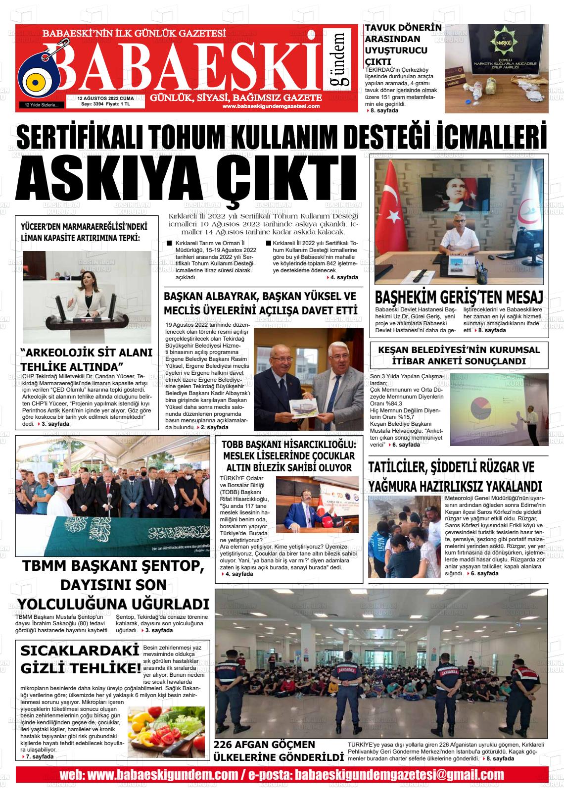12 Ağustos 2022 Babaeski Gündem Gazete Manşeti
