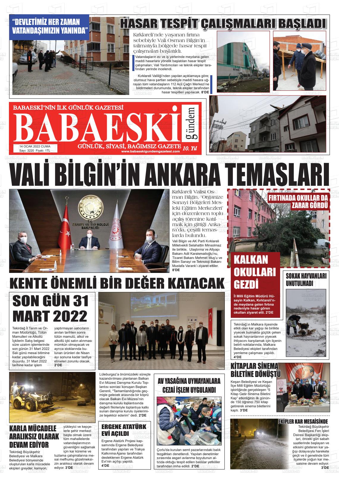14 Ocak 2022 Babaeski Gündem Gazete Manşeti