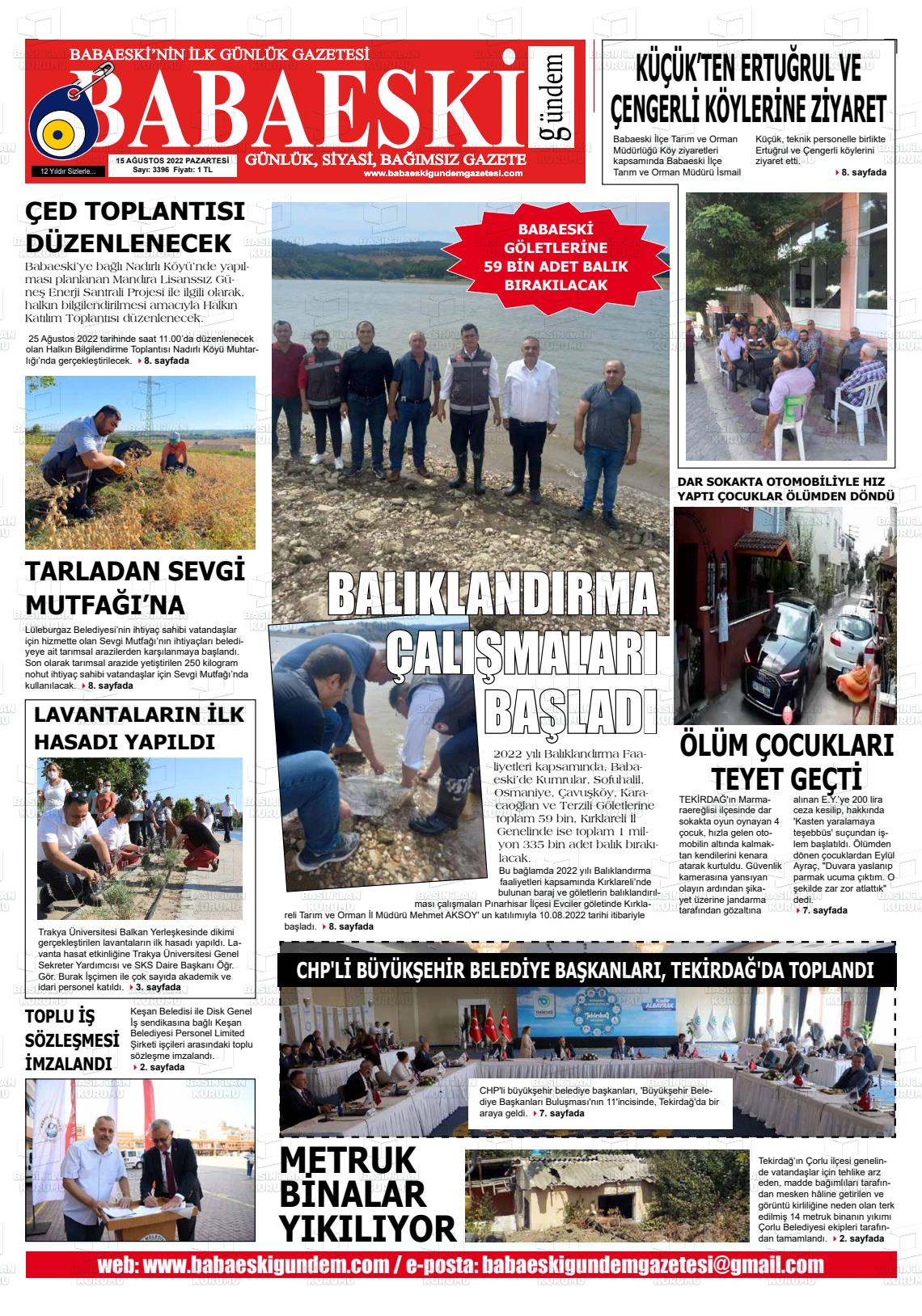 15 Ağustos 2022 Babaeski Gündem Gazete Manşeti