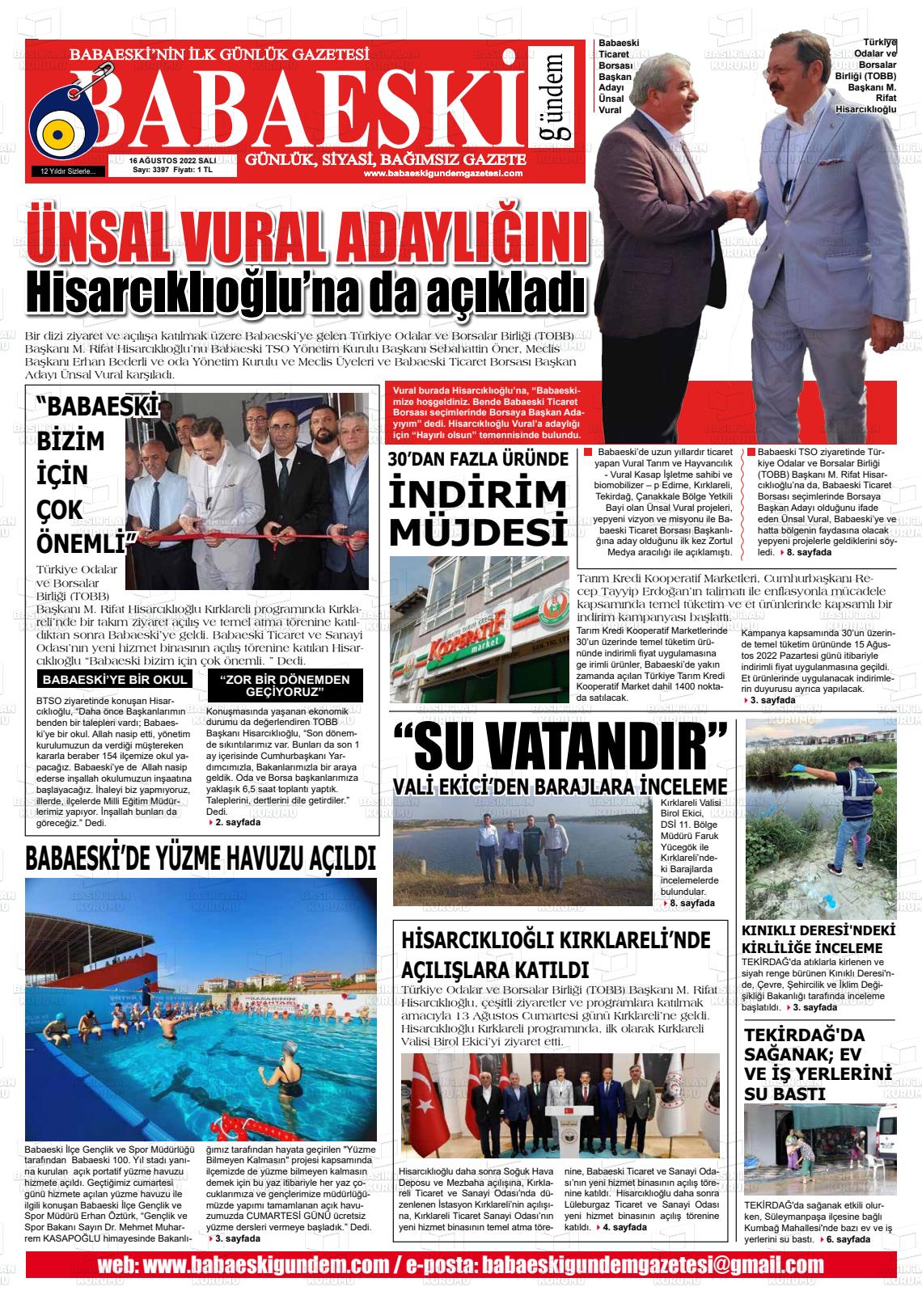 16 Ağustos 2022 Babaeski Gündem Gazete Manşeti