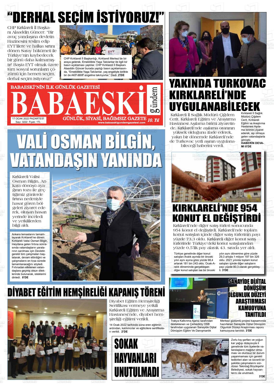 17 Ocak 2022 Babaeski Gündem Gazete Manşeti