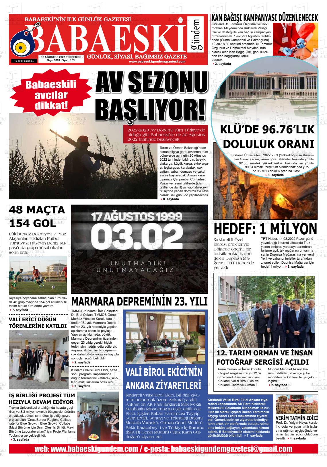 18 Ağustos 2022 Babaeski Gündem Gazete Manşeti