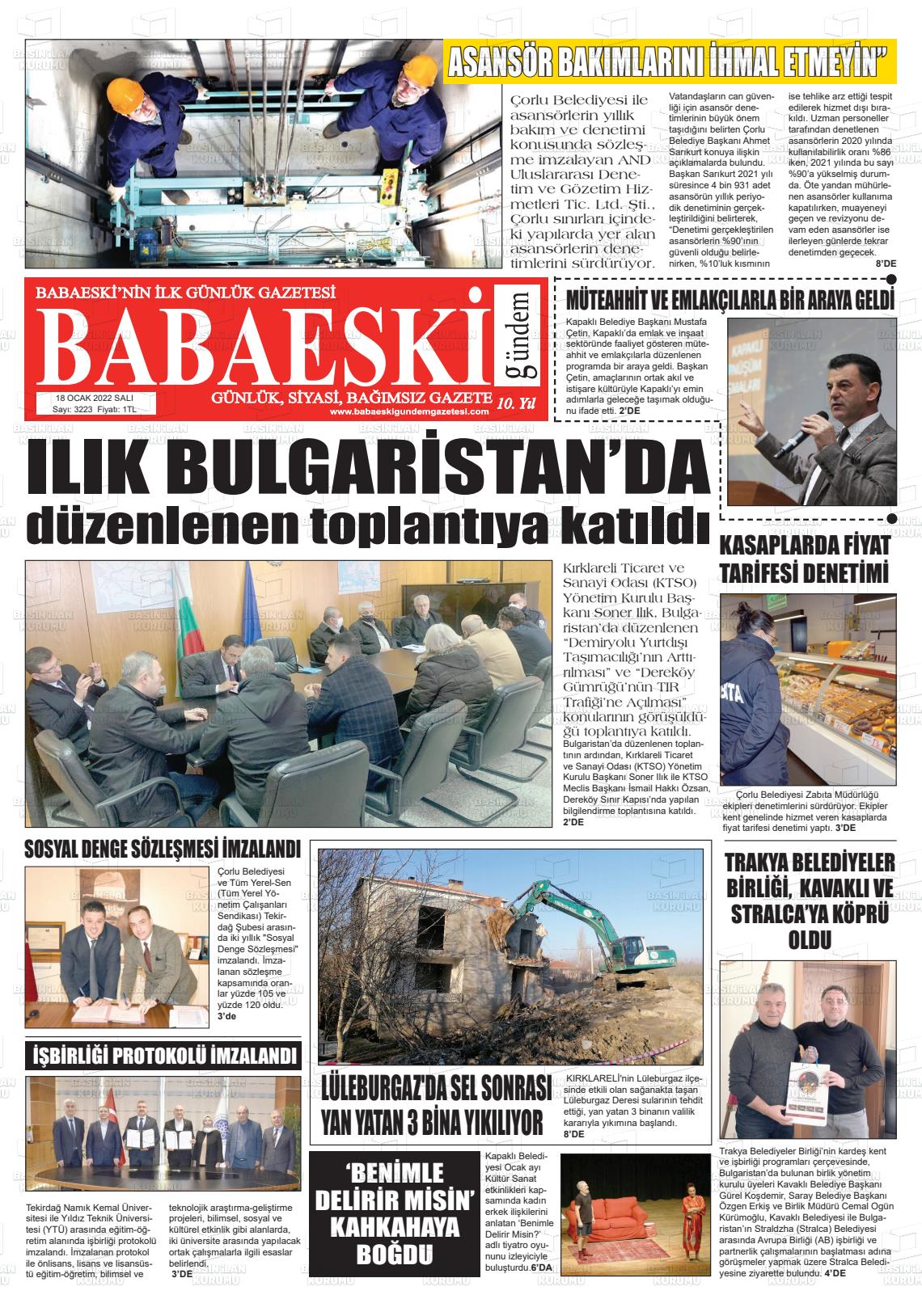 18 Ocak 2022 Babaeski Gündem Gazete Manşeti