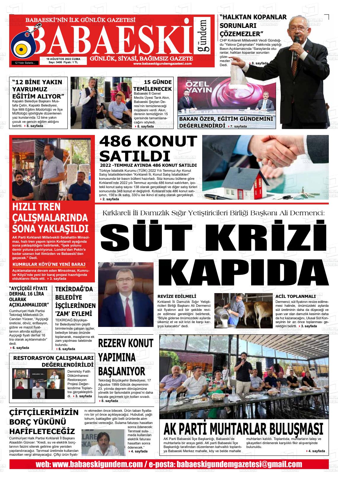 19 Ağustos 2022 Babaeski Gündem Gazete Manşeti