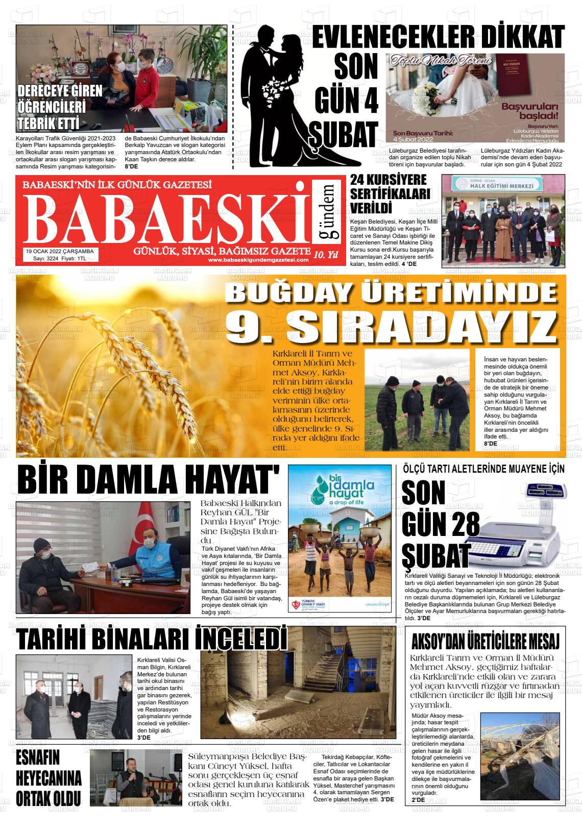 19 Ocak 2022 Babaeski Gündem Gazete Manşeti
