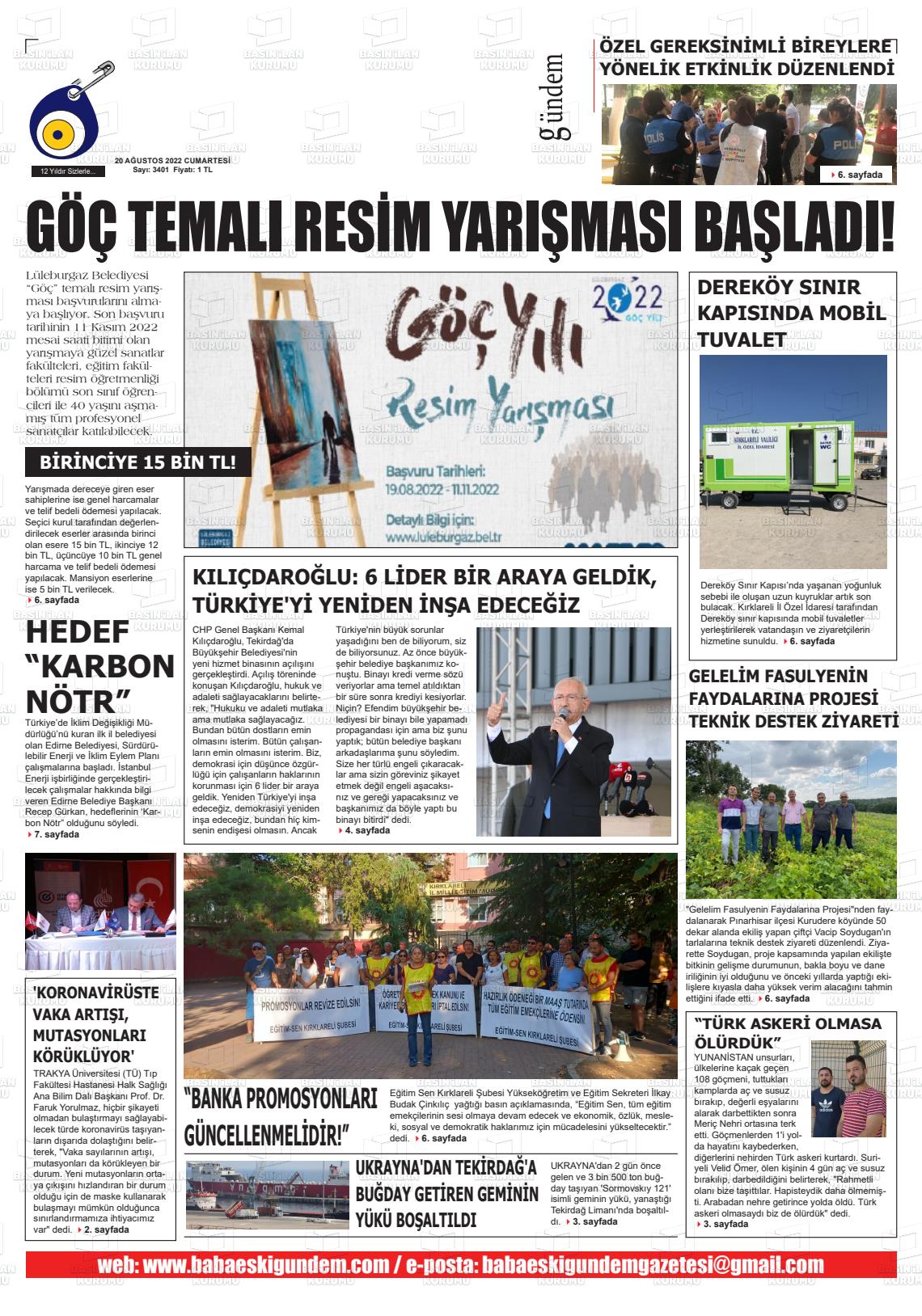 20 Ağustos 2022 Babaeski Gündem Gazete Manşeti