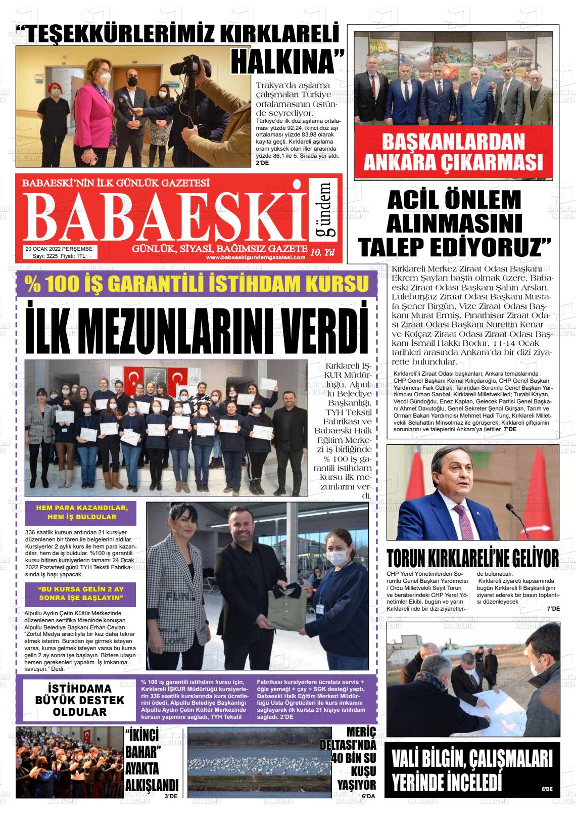 20 Ocak 2022 Babaeski Gündem Gazete Manşeti