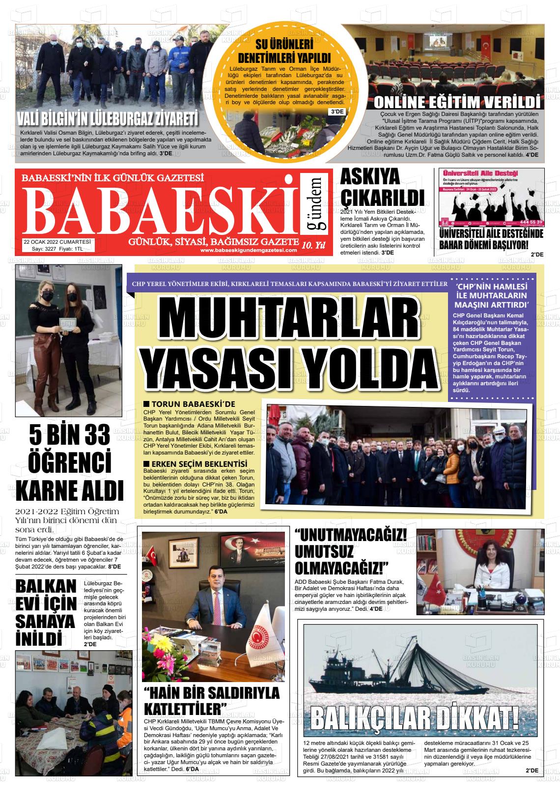 22 Ocak 2022 Babaeski Gündem Gazete Manşeti