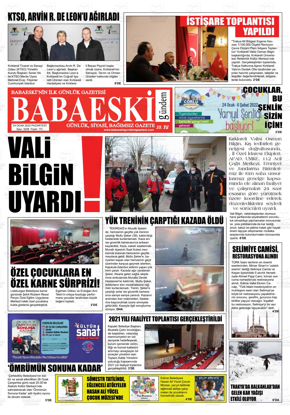 24 Ocak 2022 Babaeski Gündem Gazete Manşeti