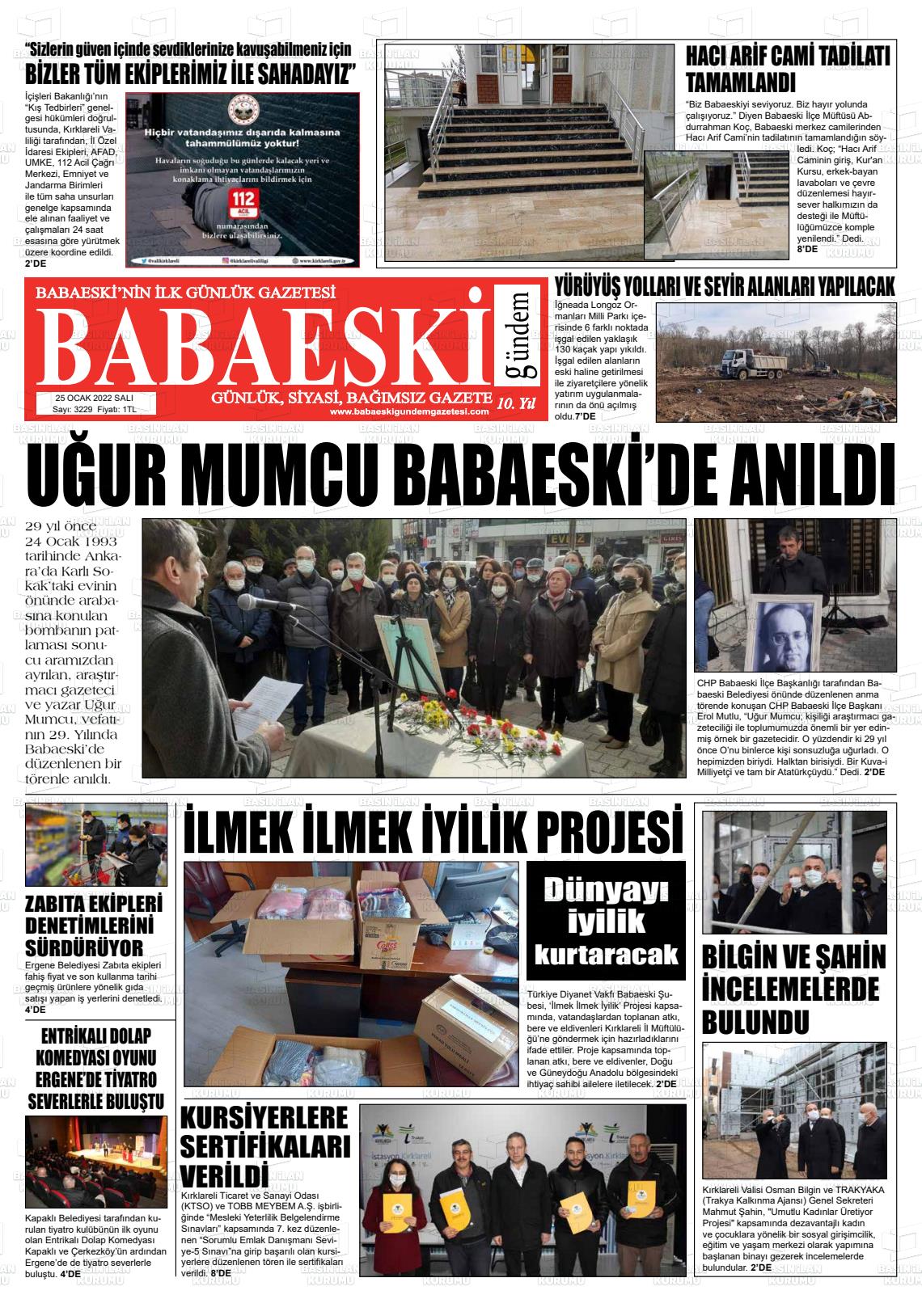 25 Ocak 2022 Babaeski Gündem Gazete Manşeti