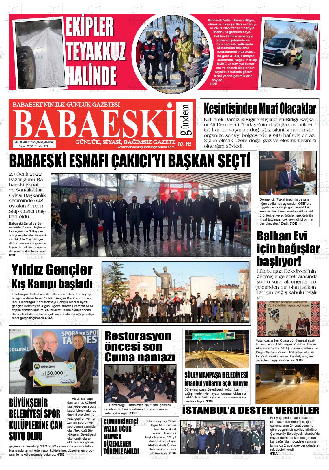 26 Ocak 2022 Babaeski Gündem Gazete Manşeti