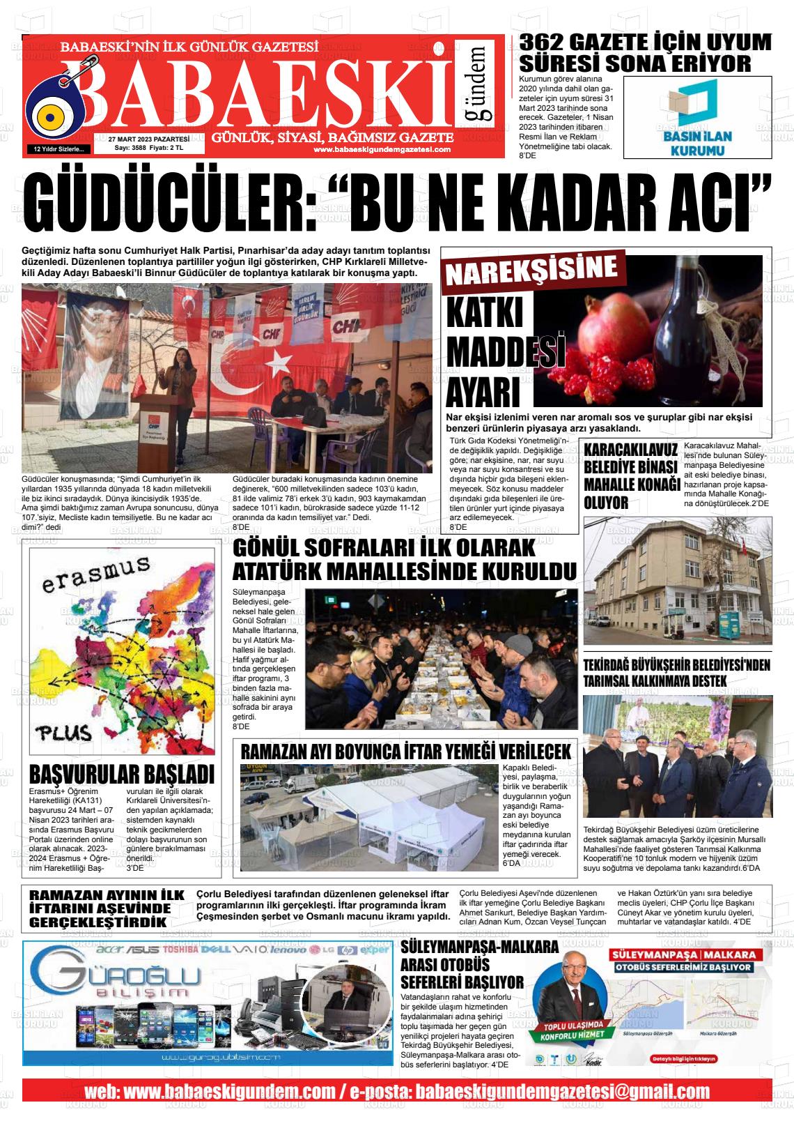 27 Mart 2023 Babaeski Gündem Gazete Manşeti