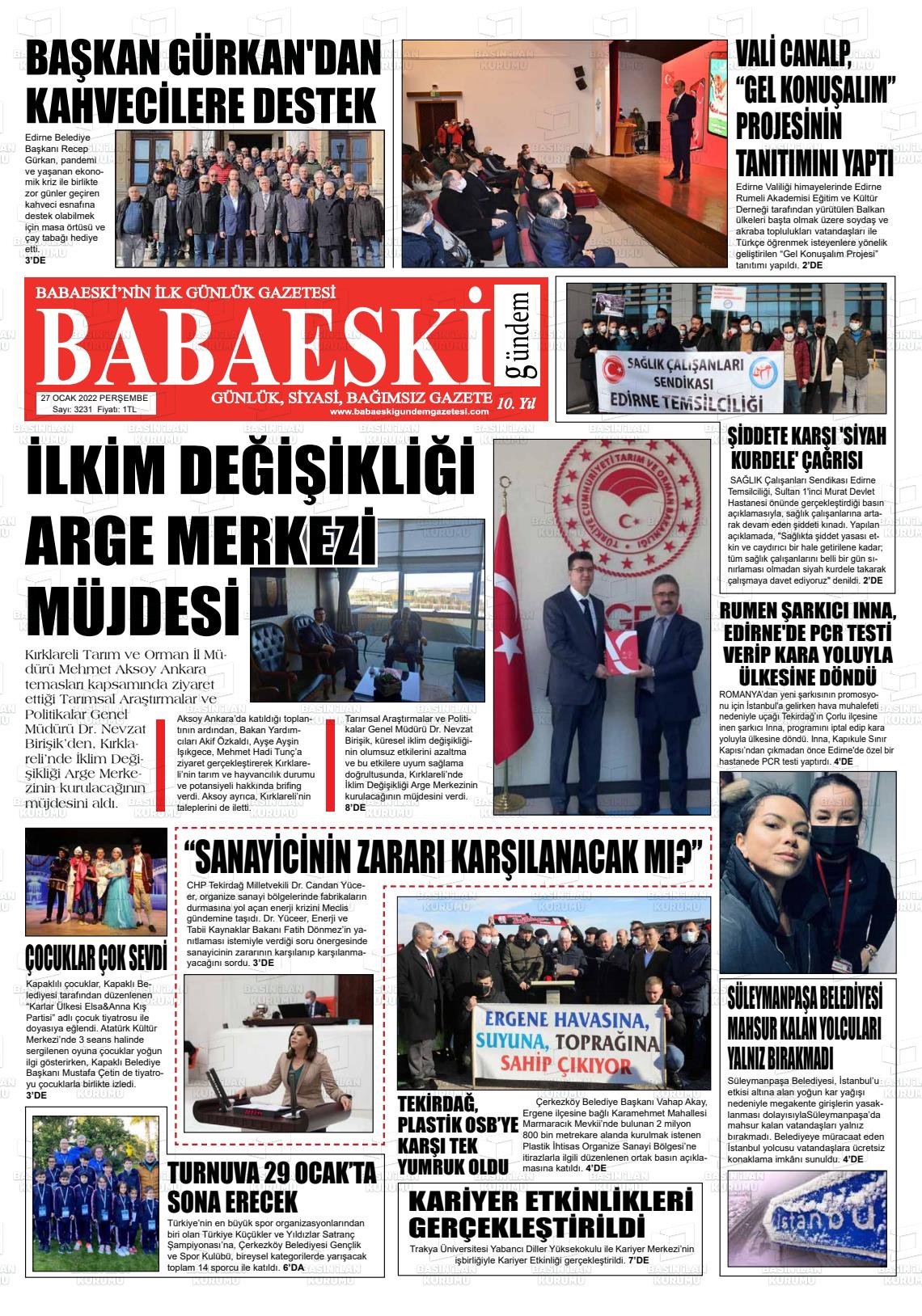 27 Ocak 2022 Babaeski Gündem Gazete Manşeti