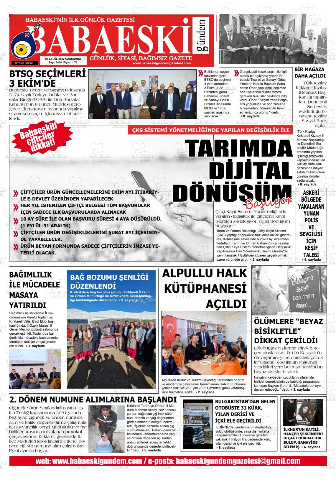 28 Eylül 2022 Babaeski Gündem Gazete Manşeti