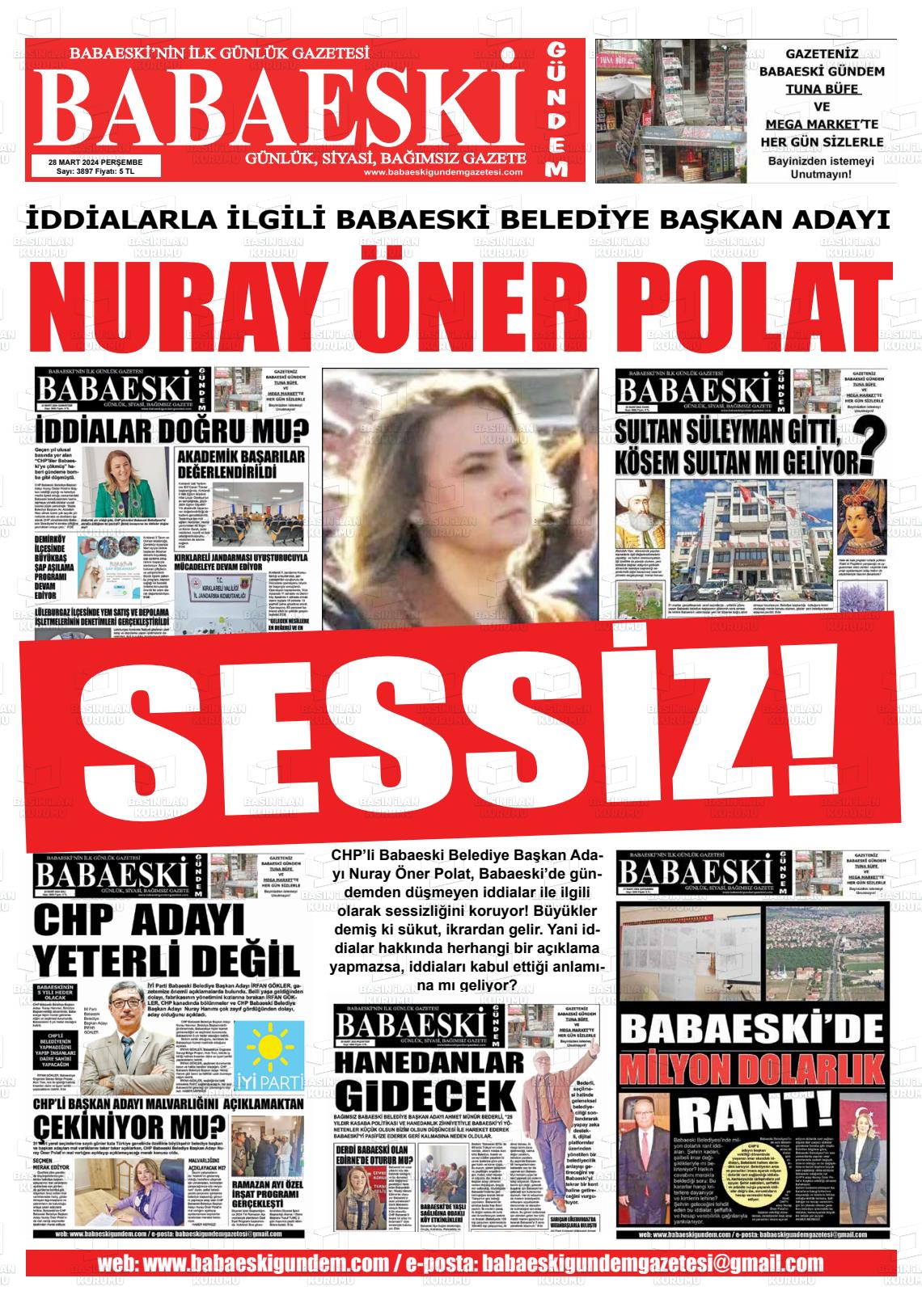28 Mart 2024 Babaeski Gündem Gazete Manşeti