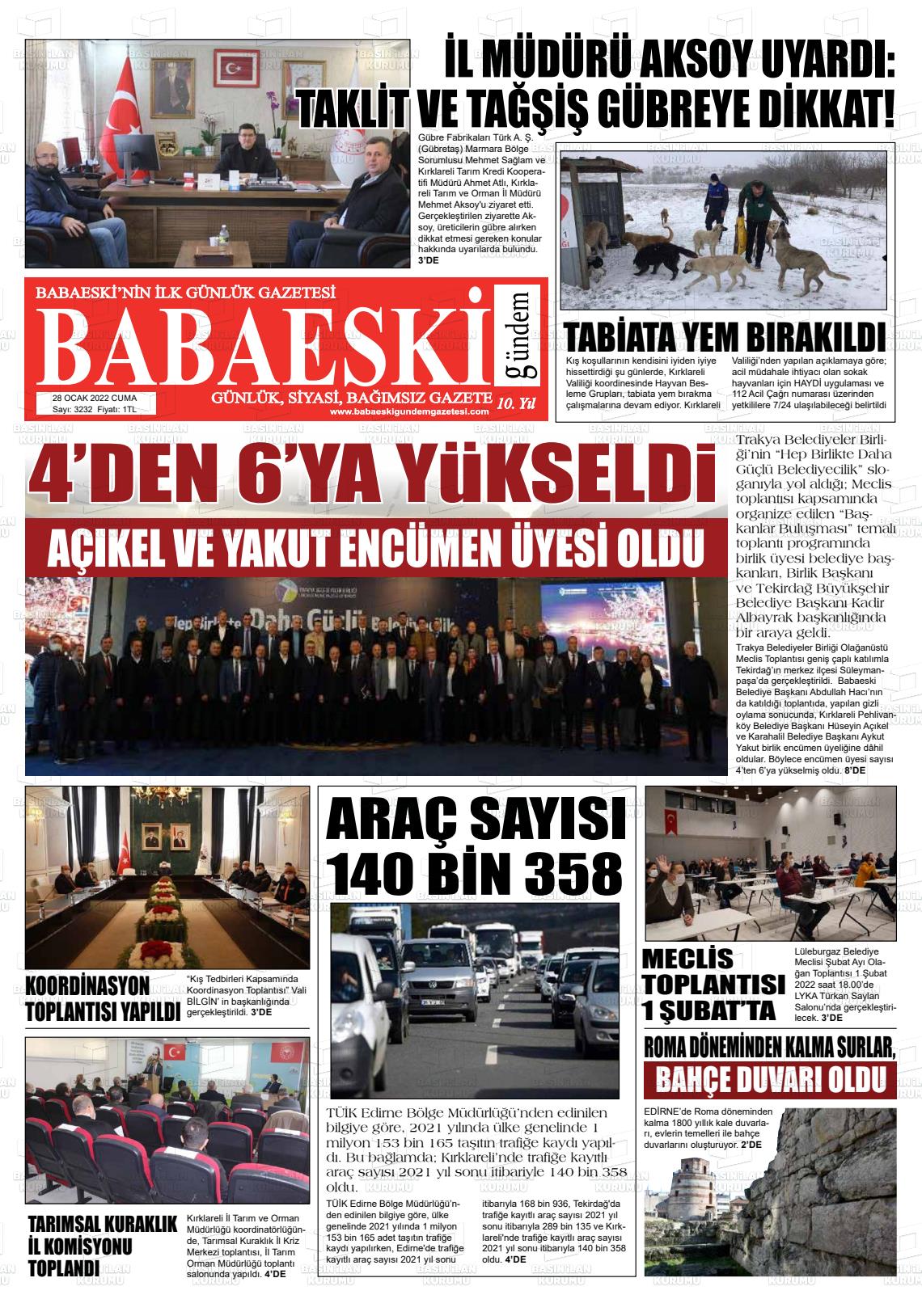 28 Ocak 2022 Babaeski Gündem Gazete Manşeti
