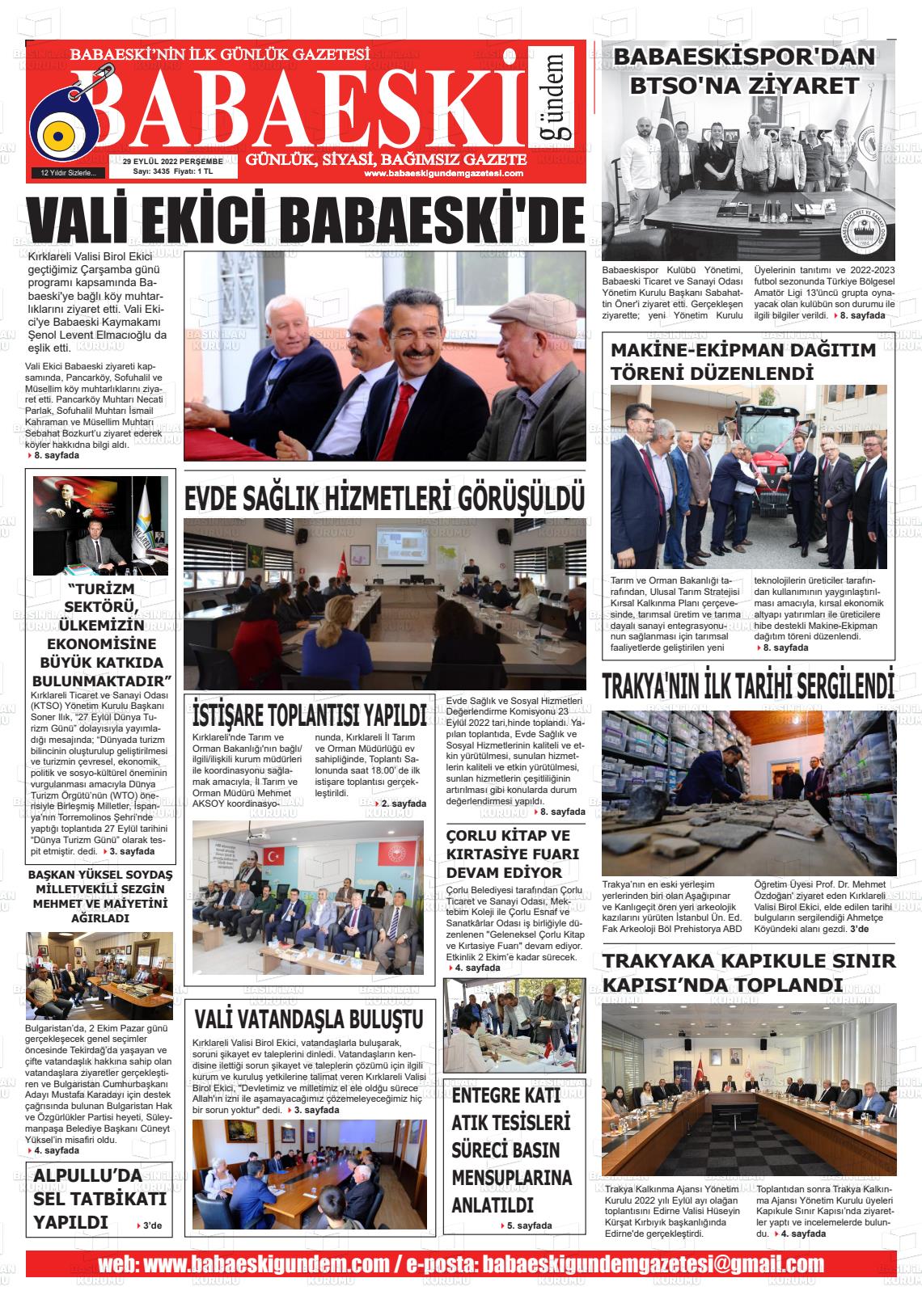 29 Eylül 2022 Babaeski Gündem Gazete Manşeti