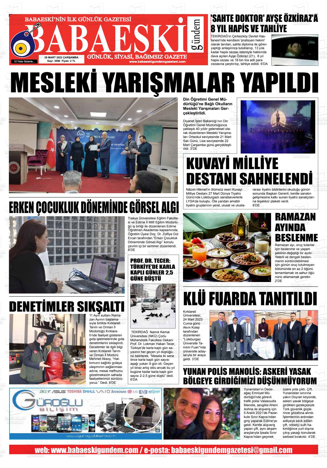29 Mart 2023 Babaeski Gündem Gazete Manşeti