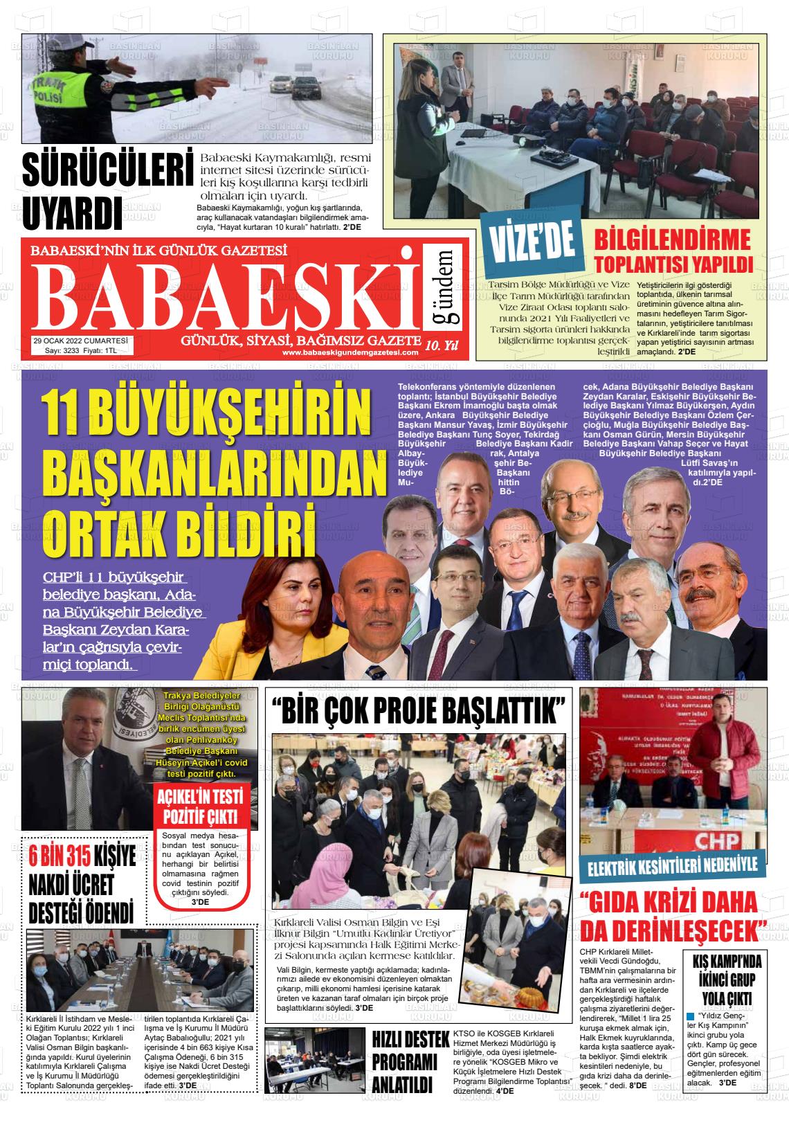 29 Ocak 2022 Babaeski Gündem Gazete Manşeti