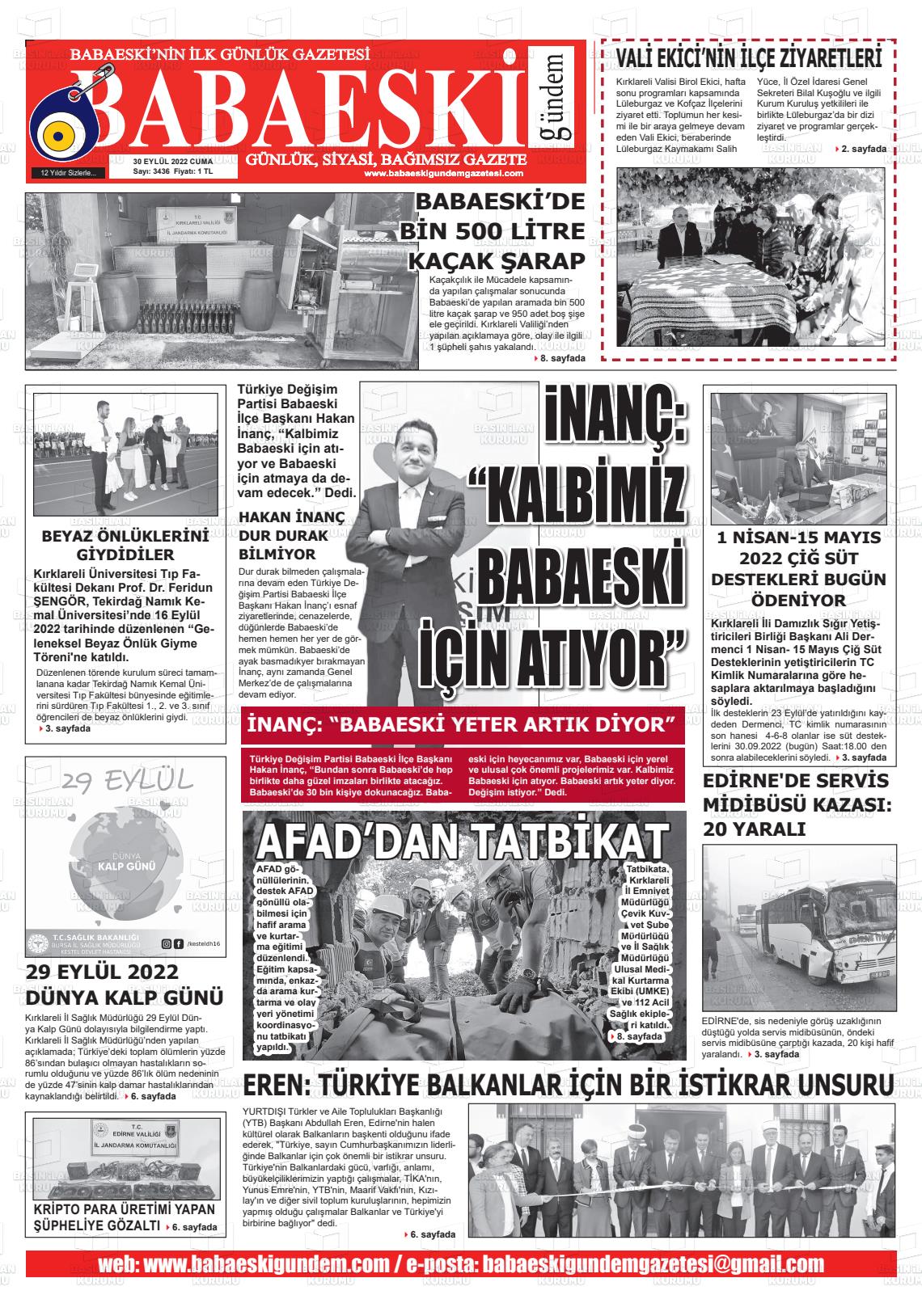 30 Eylül 2022 Babaeski Gündem Gazete Manşeti
