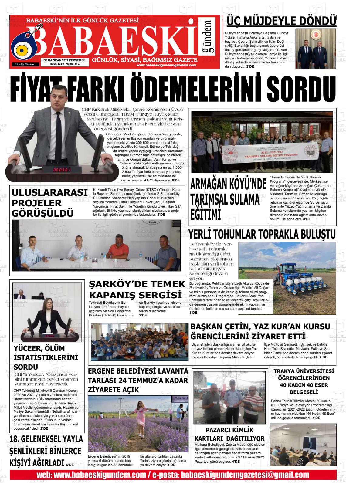 02 Temmuz 2022 Babaeski Gündem Gazete Manşeti