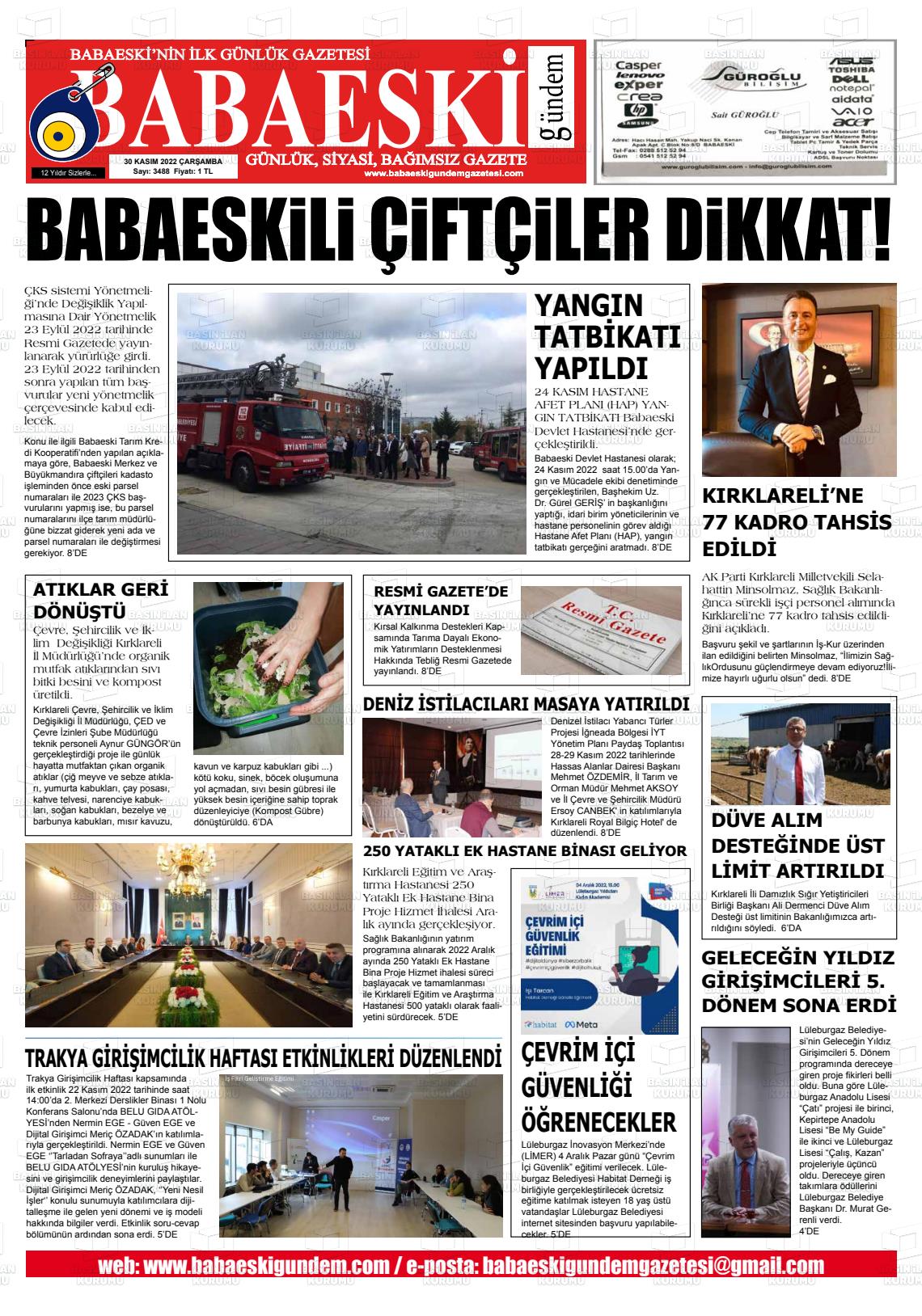 30 Kasım 2022 Babaeski Gündem Gazete Manşeti