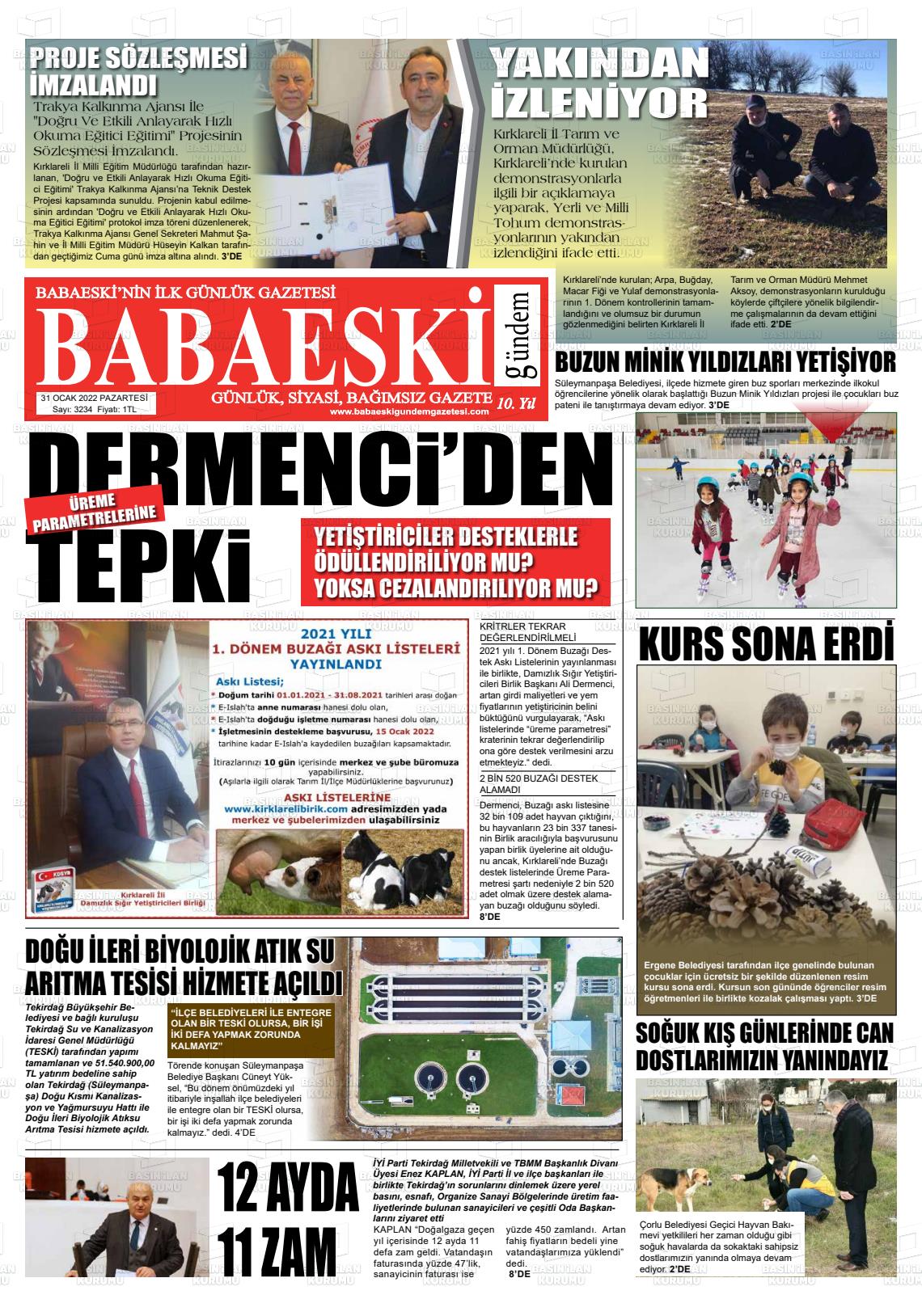 31 Ocak 2022 Babaeski Gündem Gazete Manşeti