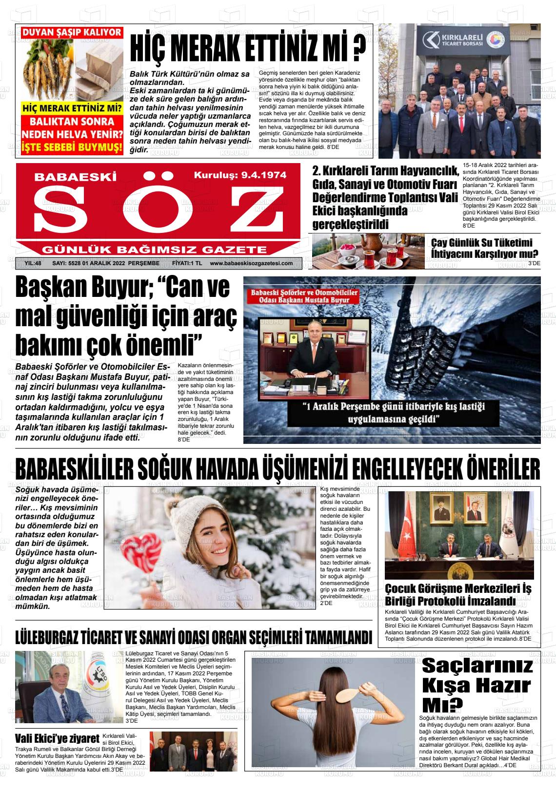 01 Aralık 2022 Babaeski Söz Gazete Manşeti