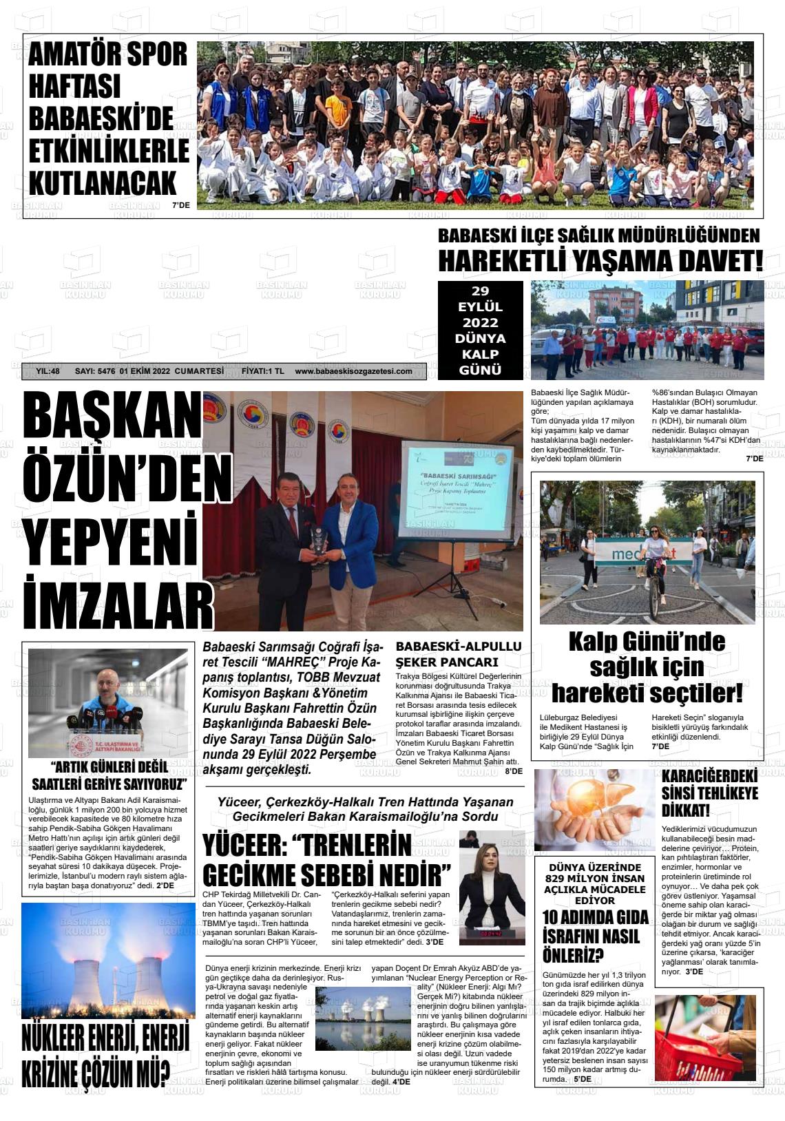 01 Ekim 2022 Babaeski Söz Gazete Manşeti