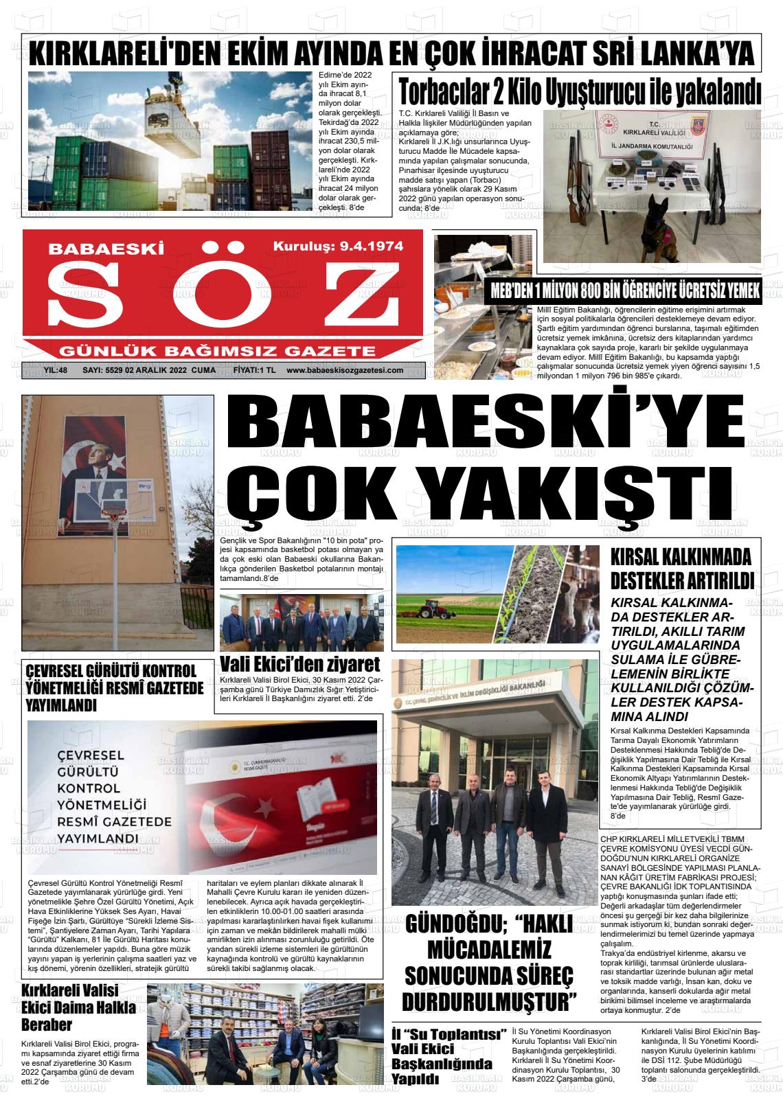 02 Aralık 2022 Babaeski Söz Gazete Manşeti