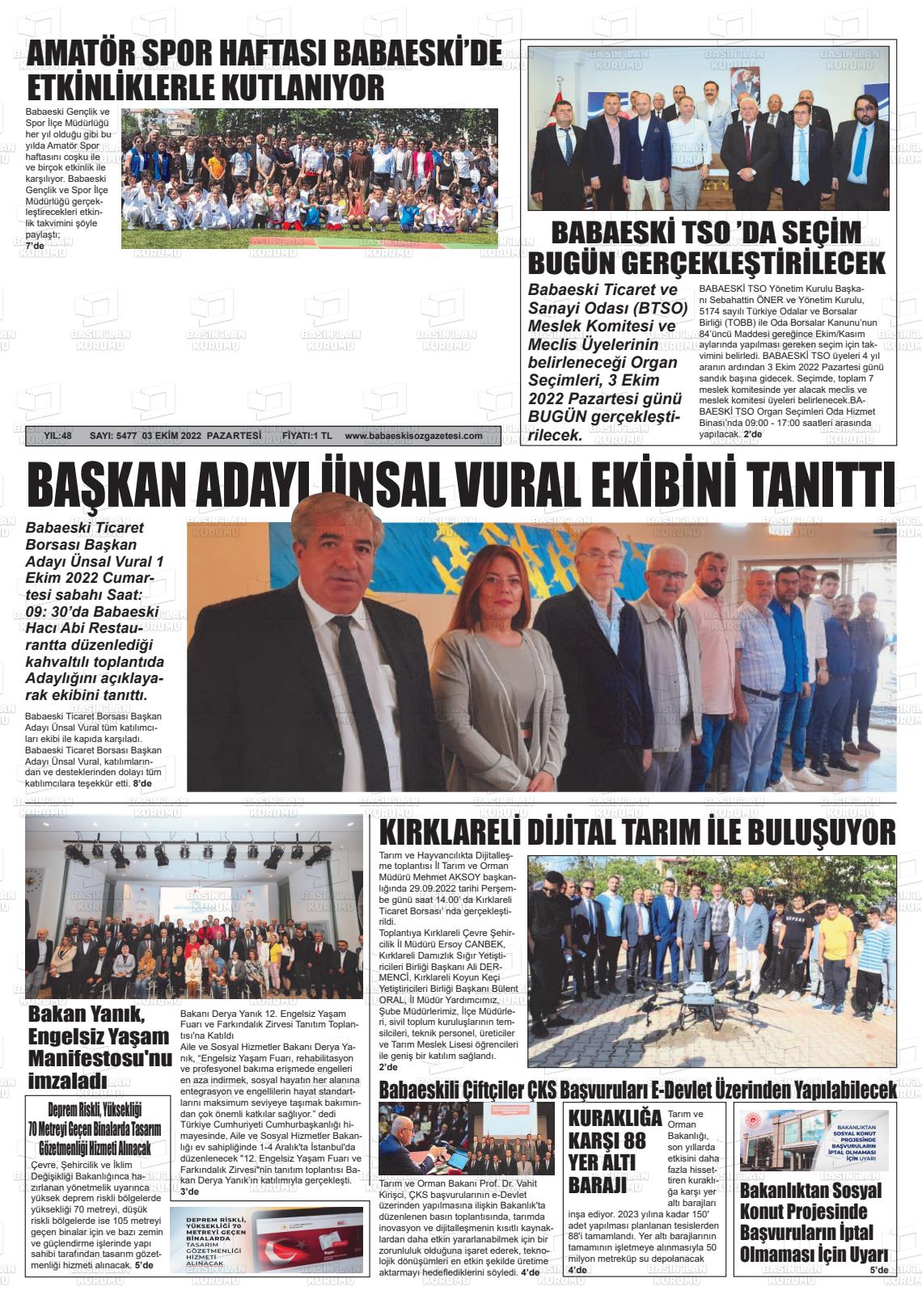 03 Ekim 2022 Babaeski Söz Gazete Manşeti