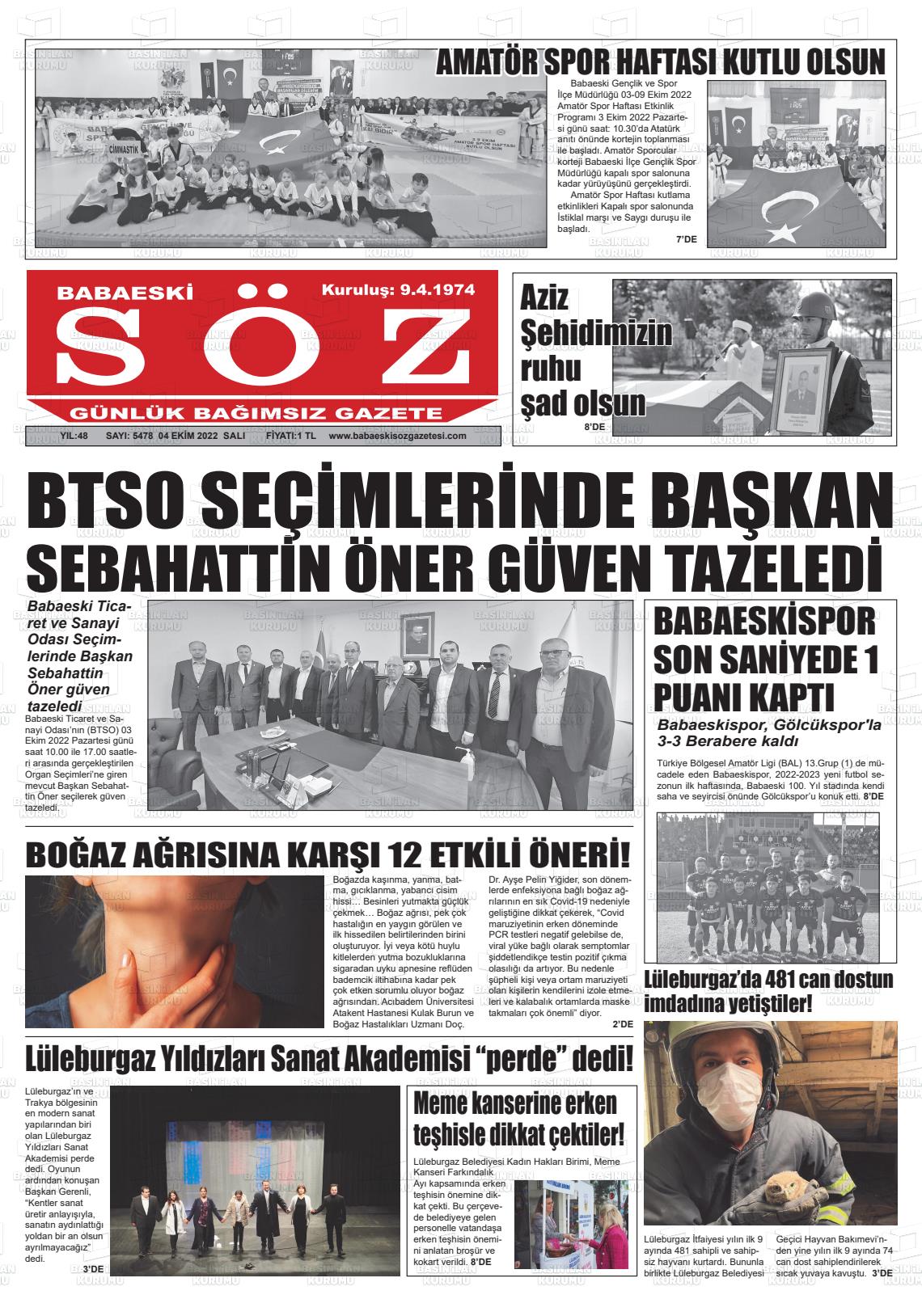 04 Ekim 2022 Babaeski Söz Gazete Manşeti