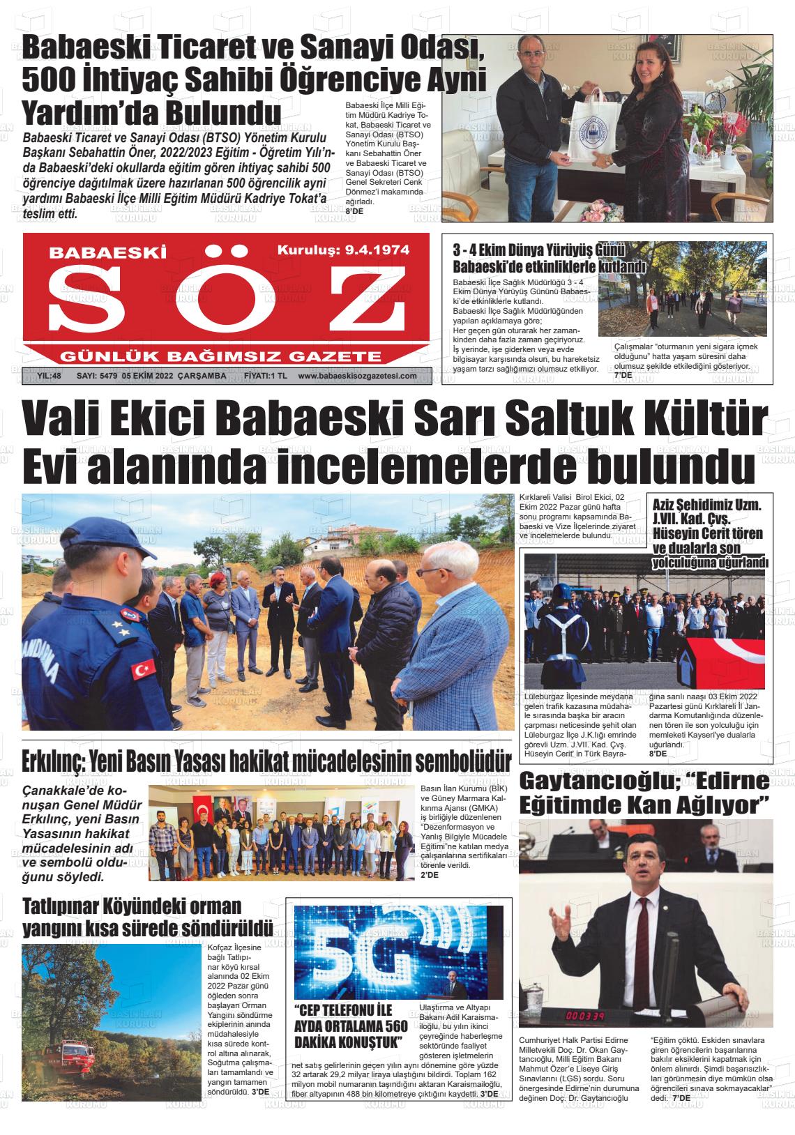 05 Ekim 2022 Babaeski Söz Gazete Manşeti