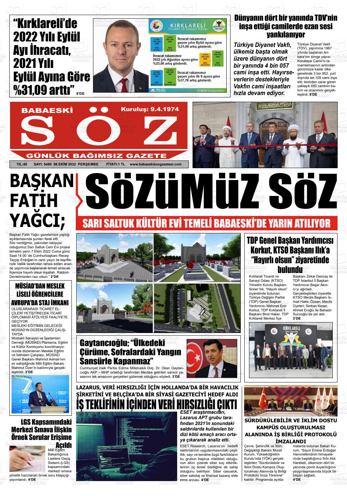 06 Ekim 2022 Babaeski Söz Gazete Manşeti